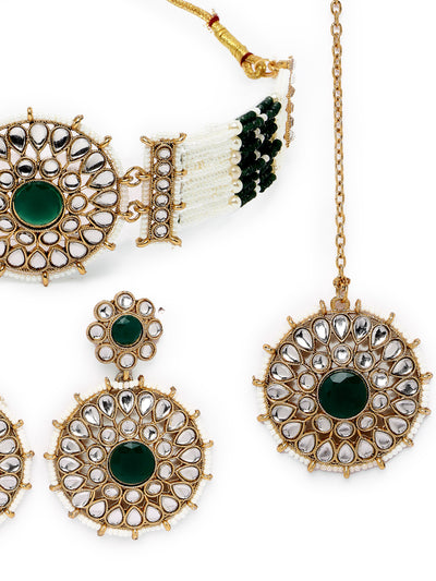 Sukkhi Decorative Round Shaped Green Kundan & Beads Choker Necklace Set With Earring And Maangtika | Jewellery Set For Women (NS105500)
