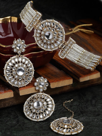 Sukkhi Decorative Round Shaped White Kundan & Beads Choker Necklace Set With Earring And Maangtika | Jewellery Set For Women (NS105502)