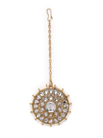 Sukkhi Decorative Round Shaped White Kundan & Beads Choker Necklace Set With Earring And Maangtika | Jewellery Set For Women (NS105502)