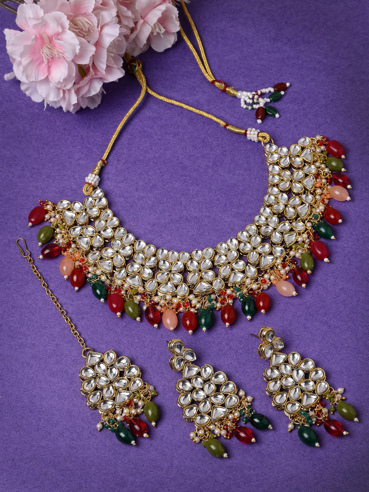 Sukkhi Unforgettable Heavy Looked Multicolor AD Stones Collar Bone Necklace Set And Earring | Jewellery Set For Women (NS105503)