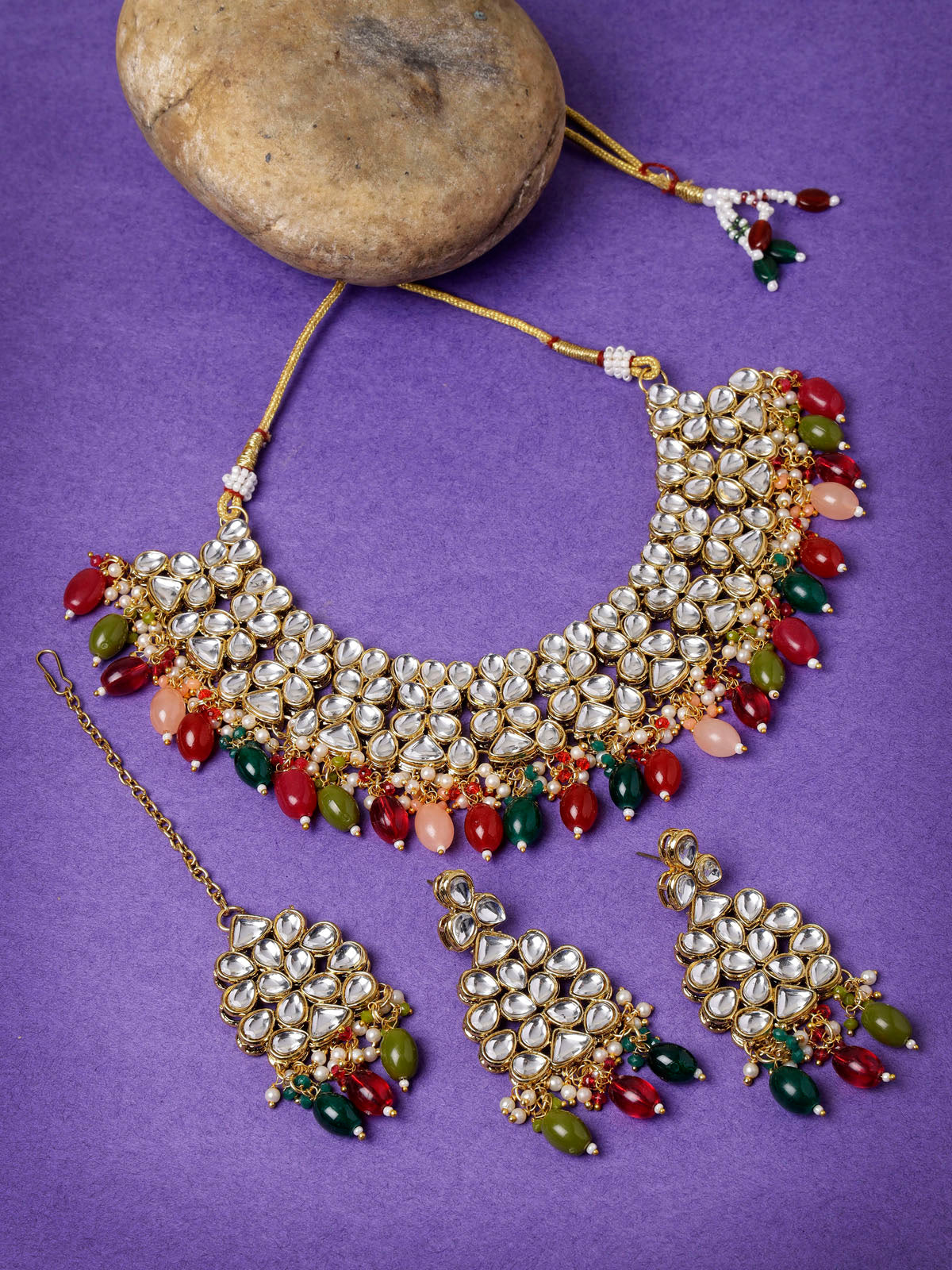 Sukkhi Unforgettable Heavy Looked Multicolor AD Stones Collar Bone Necklace Set And Earring | Jewellery Set For Women (NS105503)