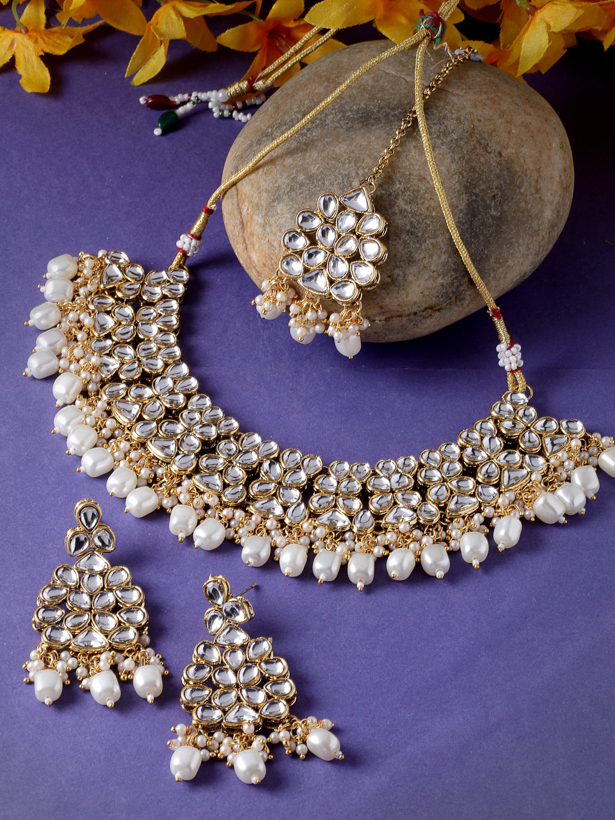 Sukkhi Unforgettable Heavy Looked AD White Stones Collar Bone Necklace Set With Earring And Maangtika | Jewellery Set For Women (NS105504)