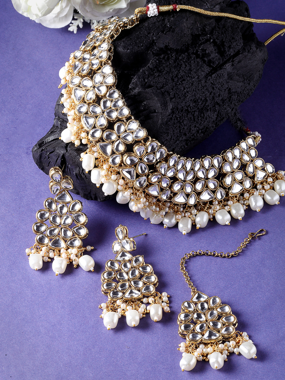 Sukkhi Unforgettable Heavy Looked AD White Stones Collar Bone Necklace Set With Earring And Maangtika | Jewellery Set For Women (NS105504)