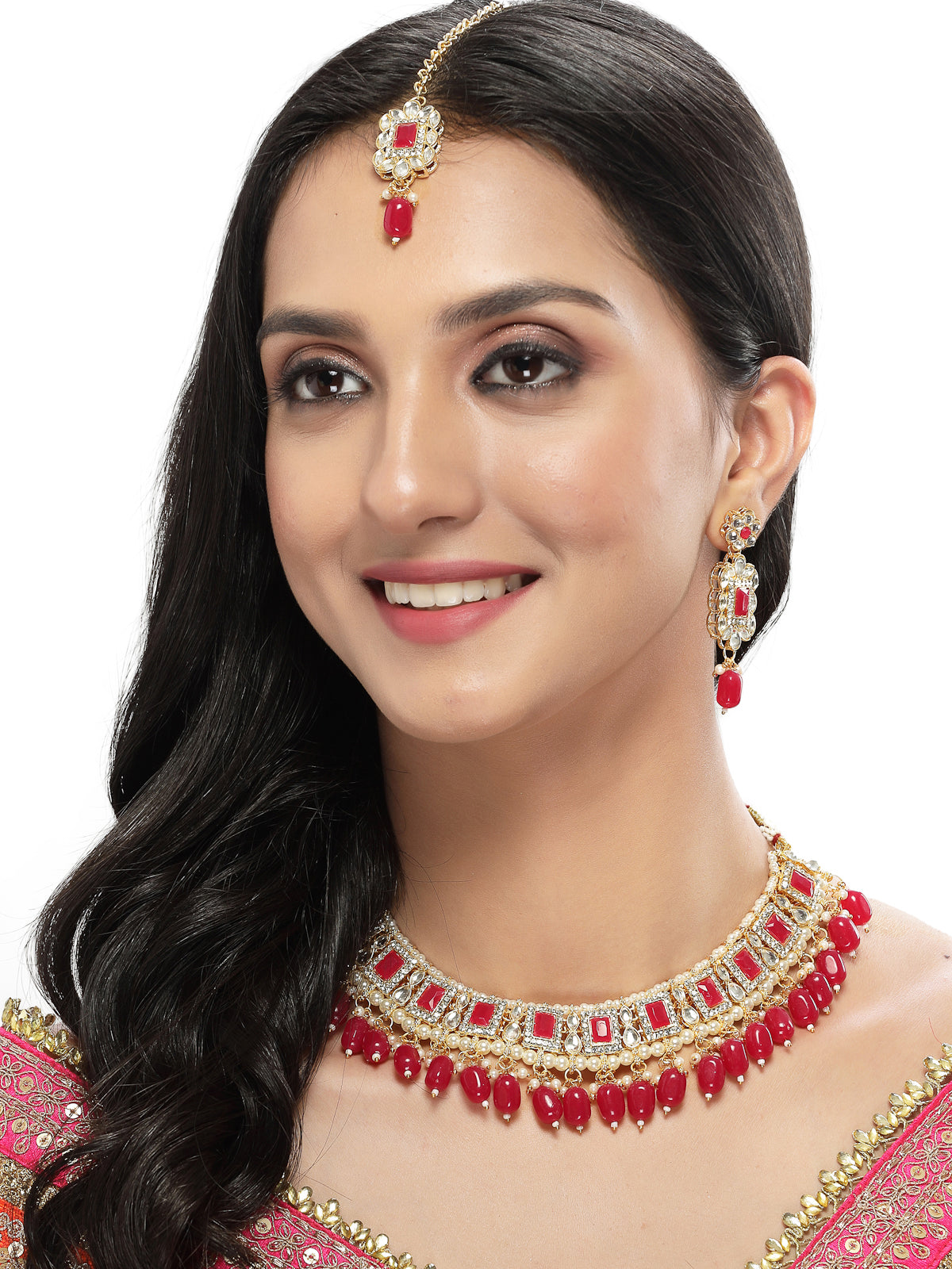 Sukkhi Glitzy Gold Plated Rani Pink AD Stones & Beads Collar Bone Necklace Set With Earring And Maangtika | Jewellery Set For Women (NS105505)