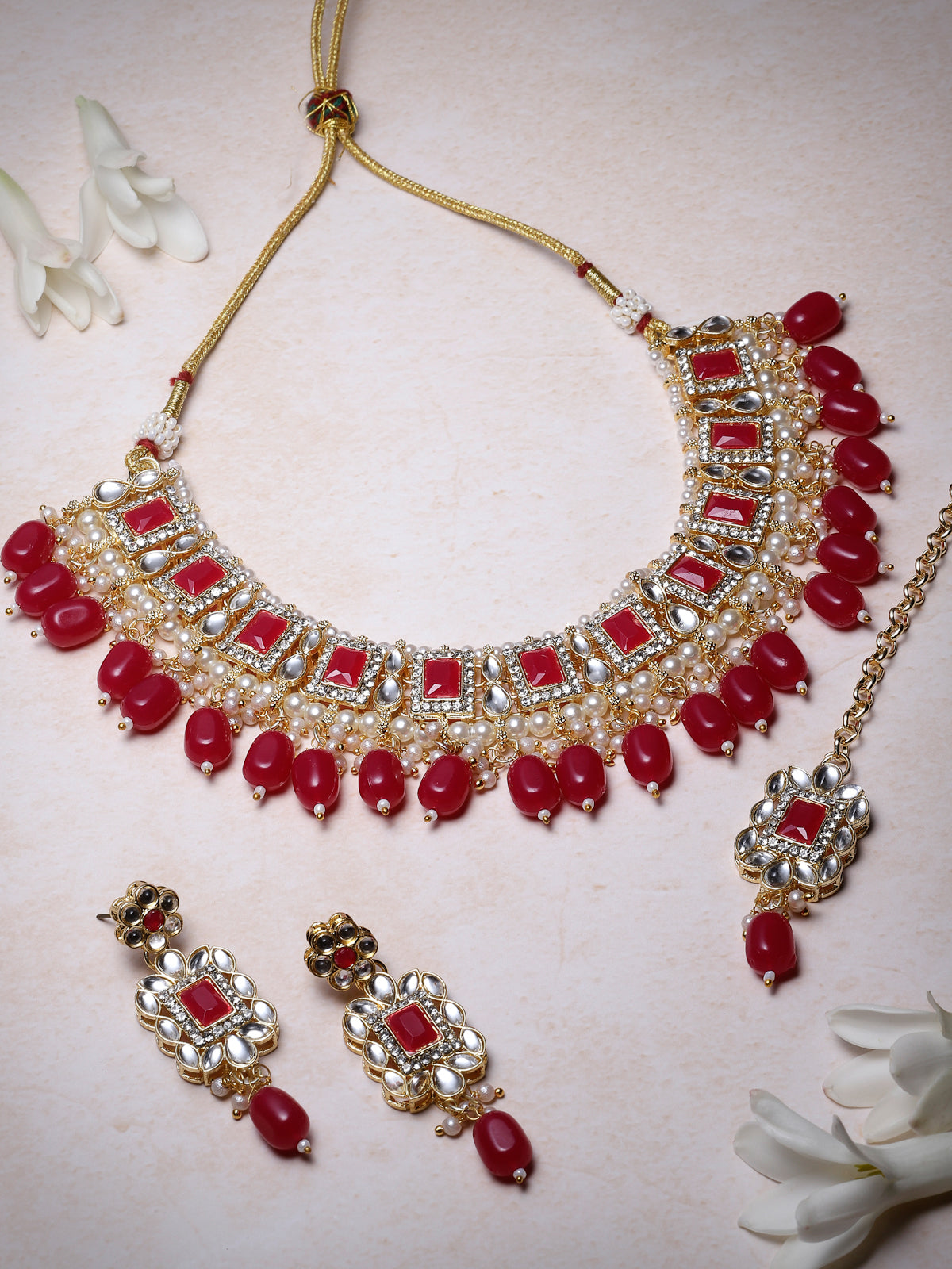 Sukkhi Glitzy Gold Plated Rani Pink AD Stones & Beads Collar Bone Necklace Set With Earring And Maangtika | Jewellery Set For Women (NS105505)
