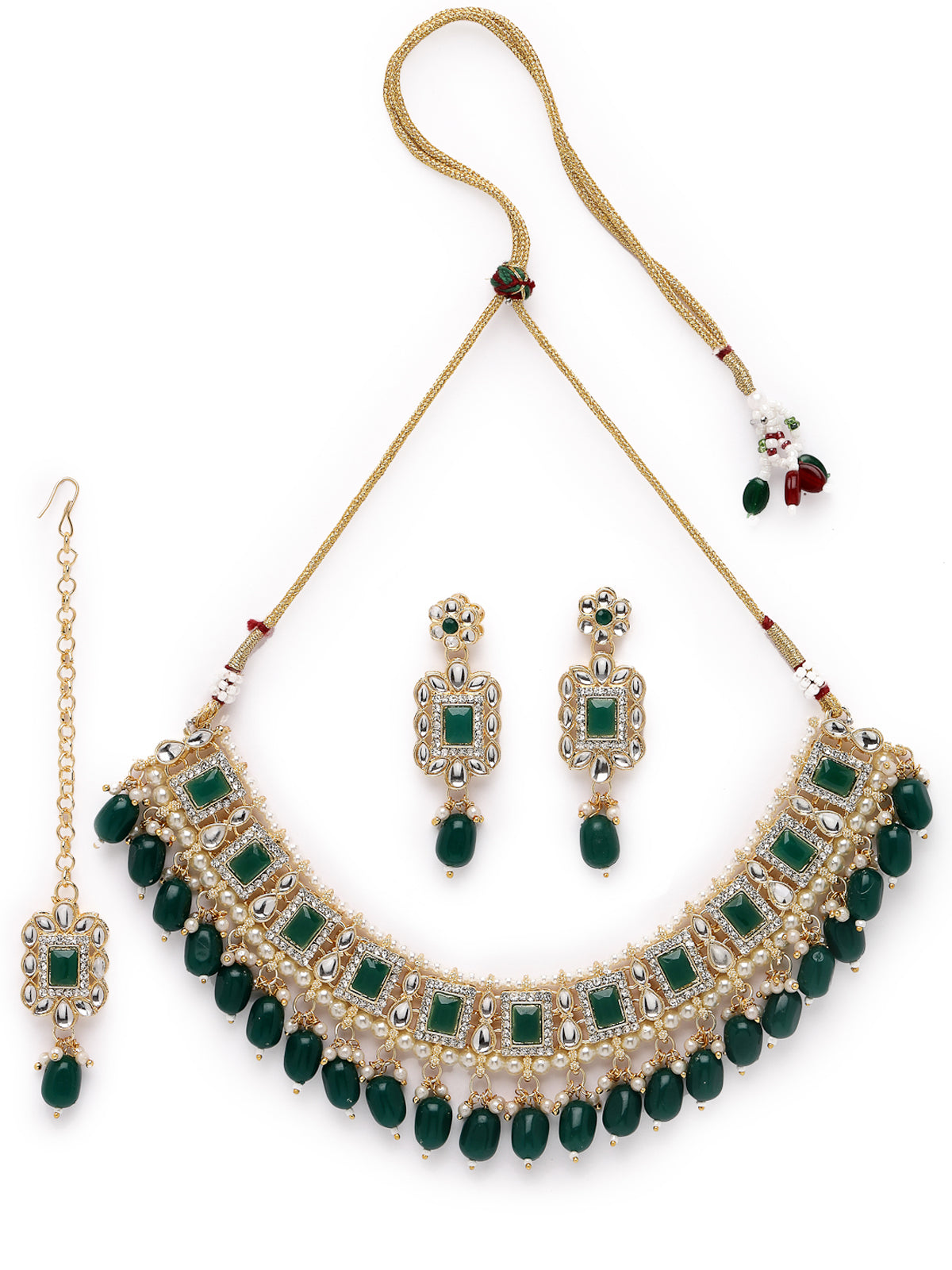 Sukkhi Glitzy Gold Plated Green AD Stones & Beads Collar Bone Necklace Set With Earring And Maangtika | Jewellery Set For Women (NS105506)