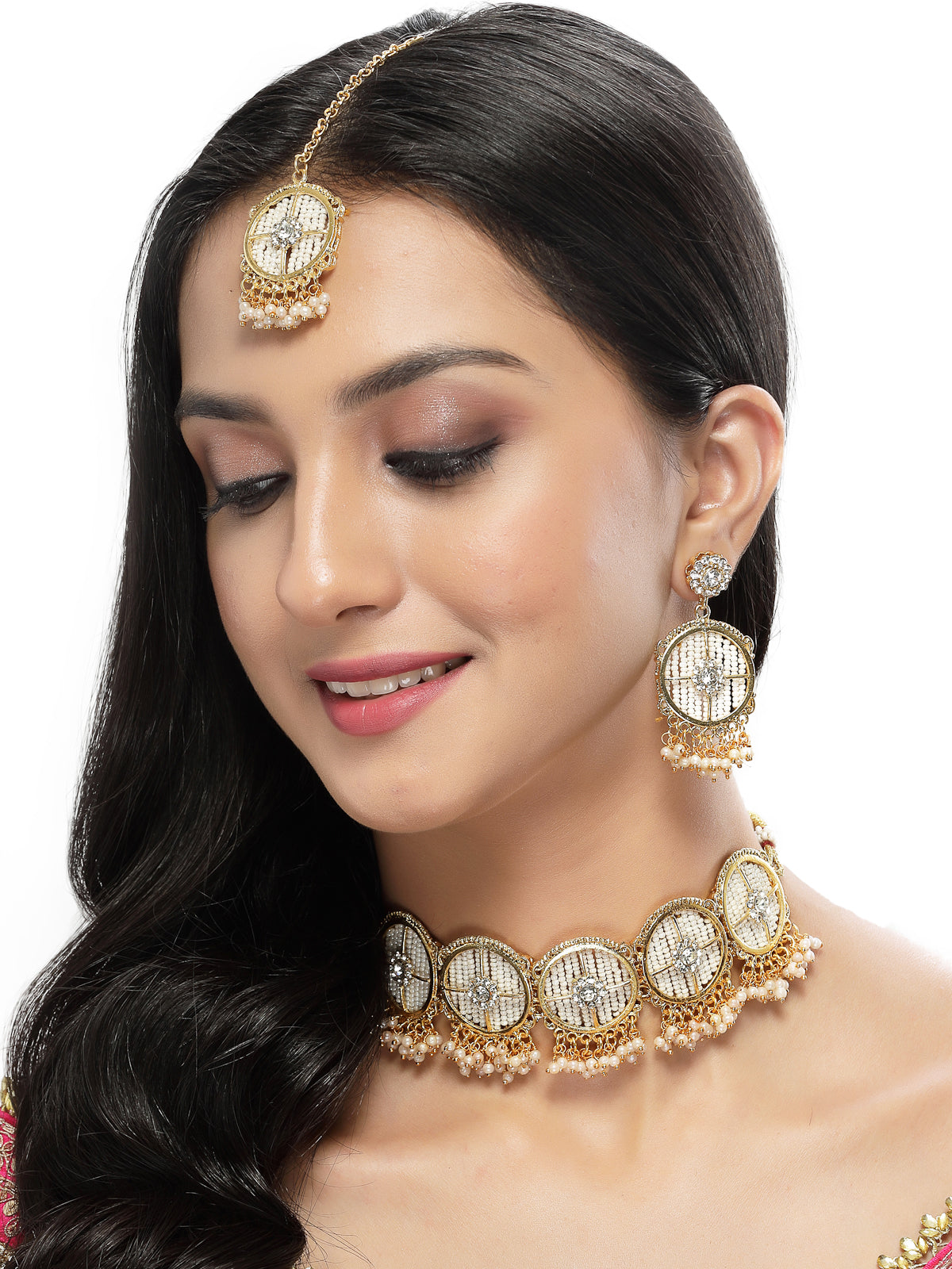 Sukkhi Charming Circular Gold Toned Plated Off White Beads Choker Necklace Set With Earring And Maangtika | Jewellery Set For Women (NS105507)