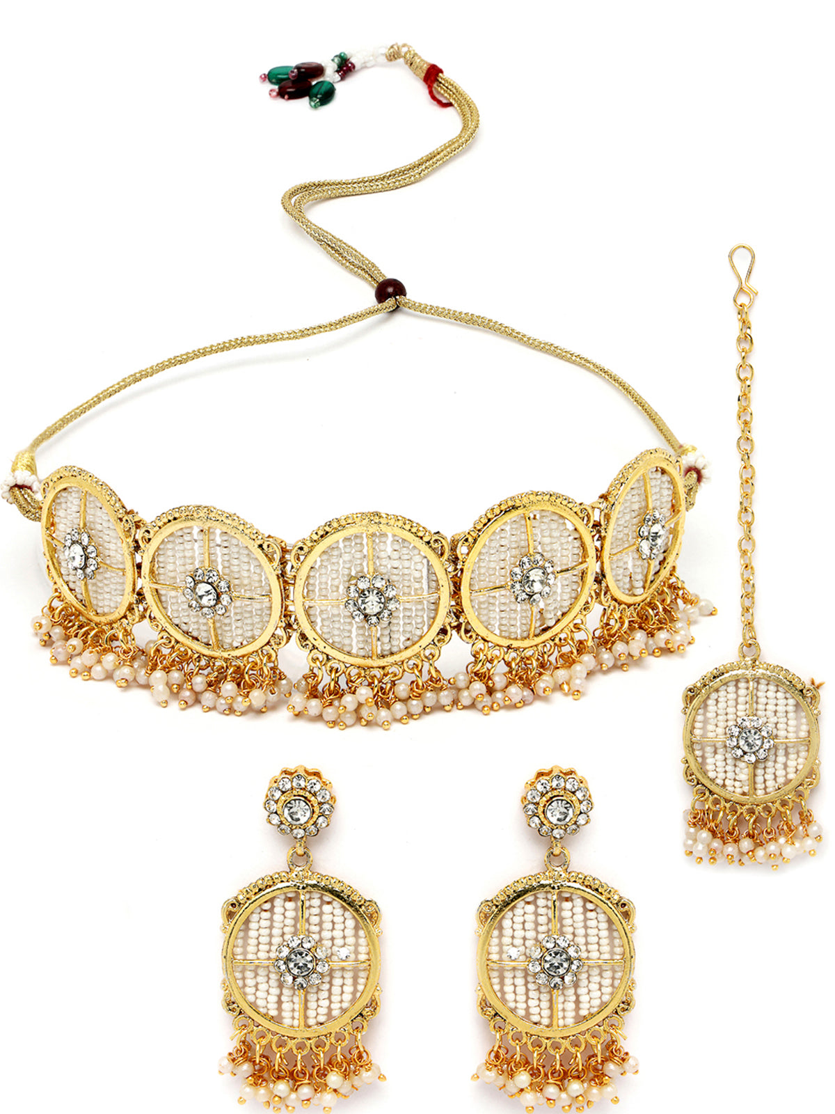 Sukkhi Charming Circular Gold Toned Plated Off White Beads Choker Necklace Set With Earring And Maangtika | Jewellery Set For Women (NS105507)