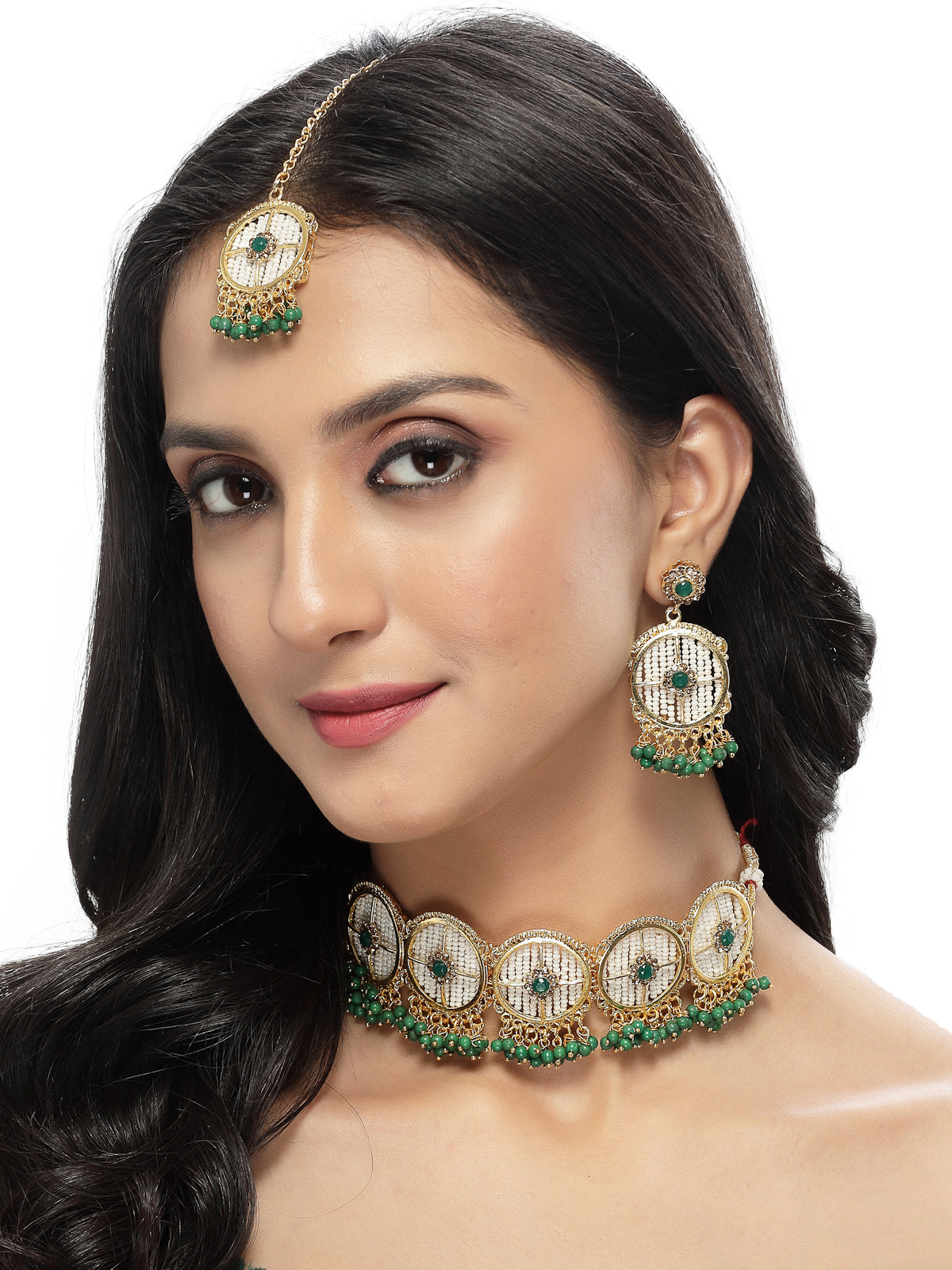 Sukkhi Charming Circular Gold Toned Plated Green Beads Choker Necklace Set With Earring And Maangtika | Jewellery Set For Women (NS105508)