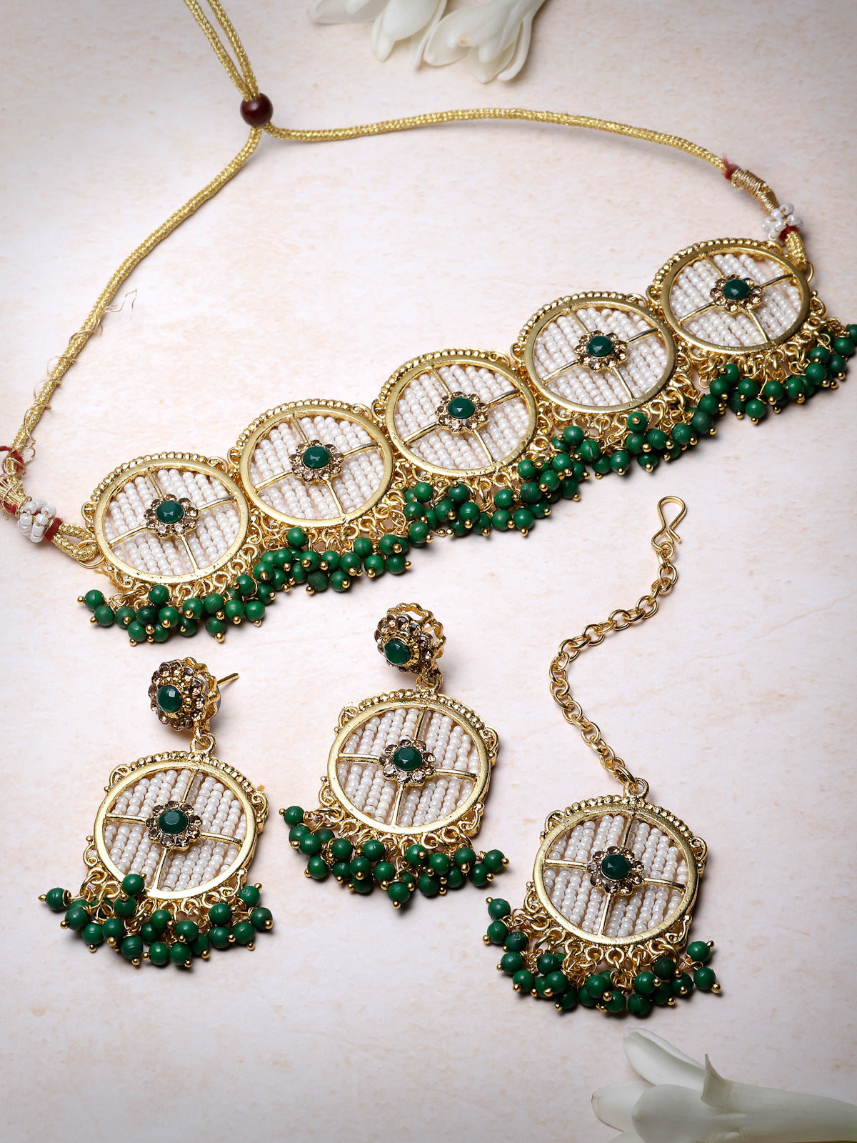 Sukkhi Charming Circular Gold Toned Plated Green Beads Choker Necklace Set With Earring And Maangtika | Jewellery Set For Women (NS105508)