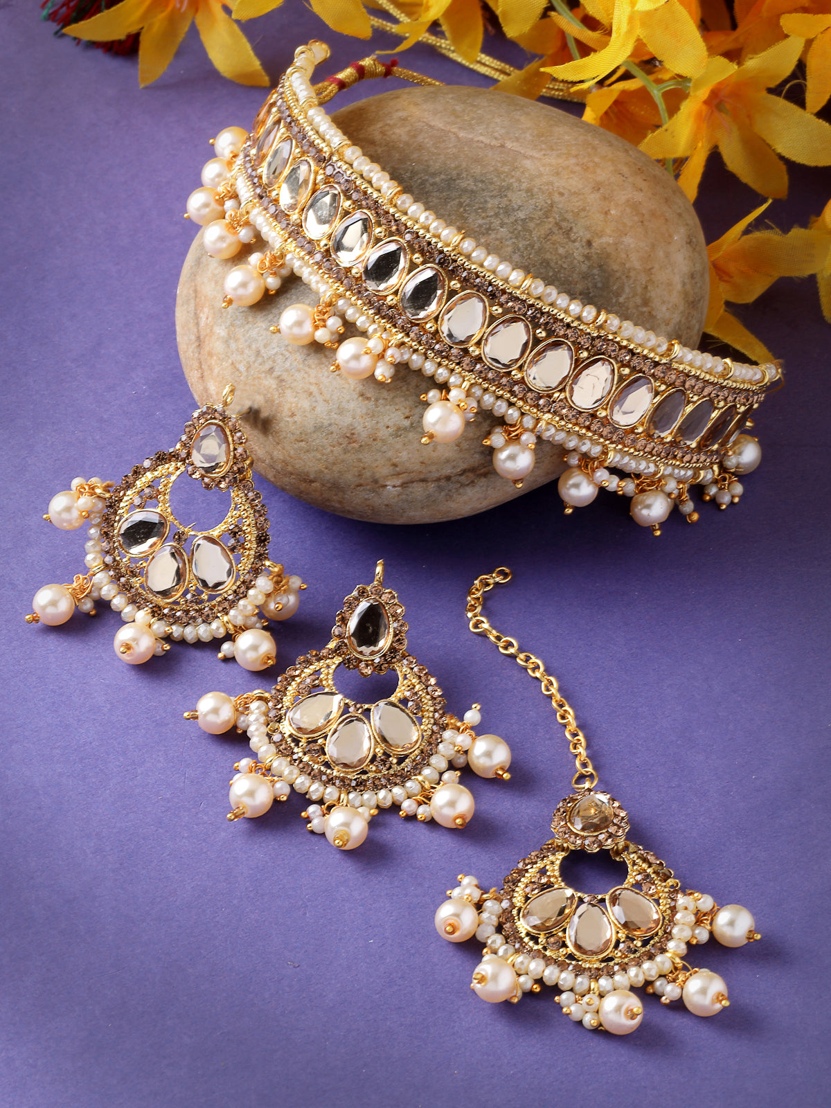 Sukkhi Exciting Gold Plated White Kundan & Beads Choker Necklace Set With Earring And Maangtika | Jewellery Set For Women (NS105510)