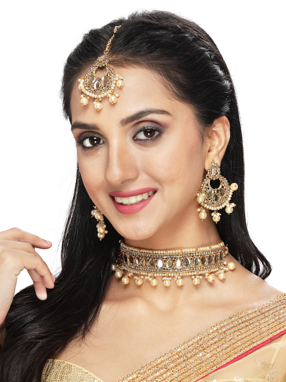 Sukkhi Exciting Gold Plated White Kundan & Beads Choker Necklace Set With Earring And Maangtika | Jewellery Set For Women (NS105510)