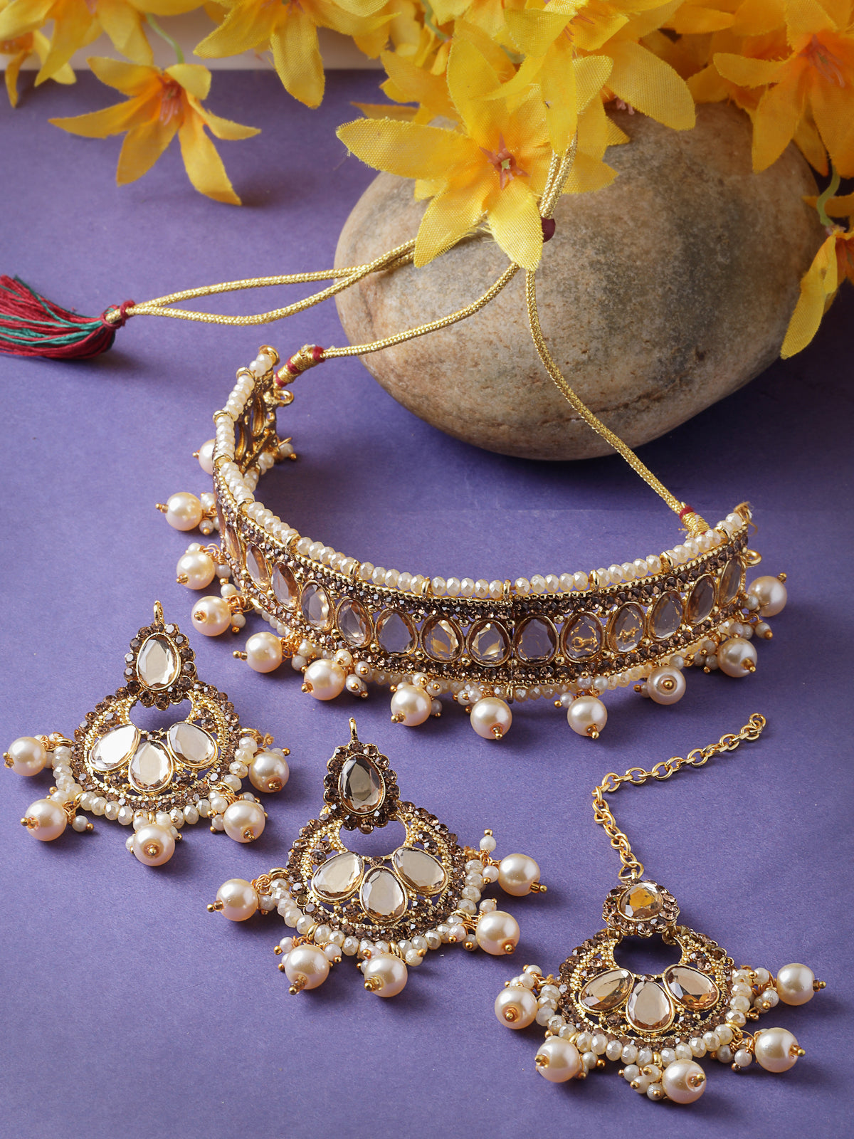 Sukkhi Exciting Gold Plated White Kundan & Beads Choker Necklace Set With Earring And Maangtika | Jewellery Set For Women (NS105510)