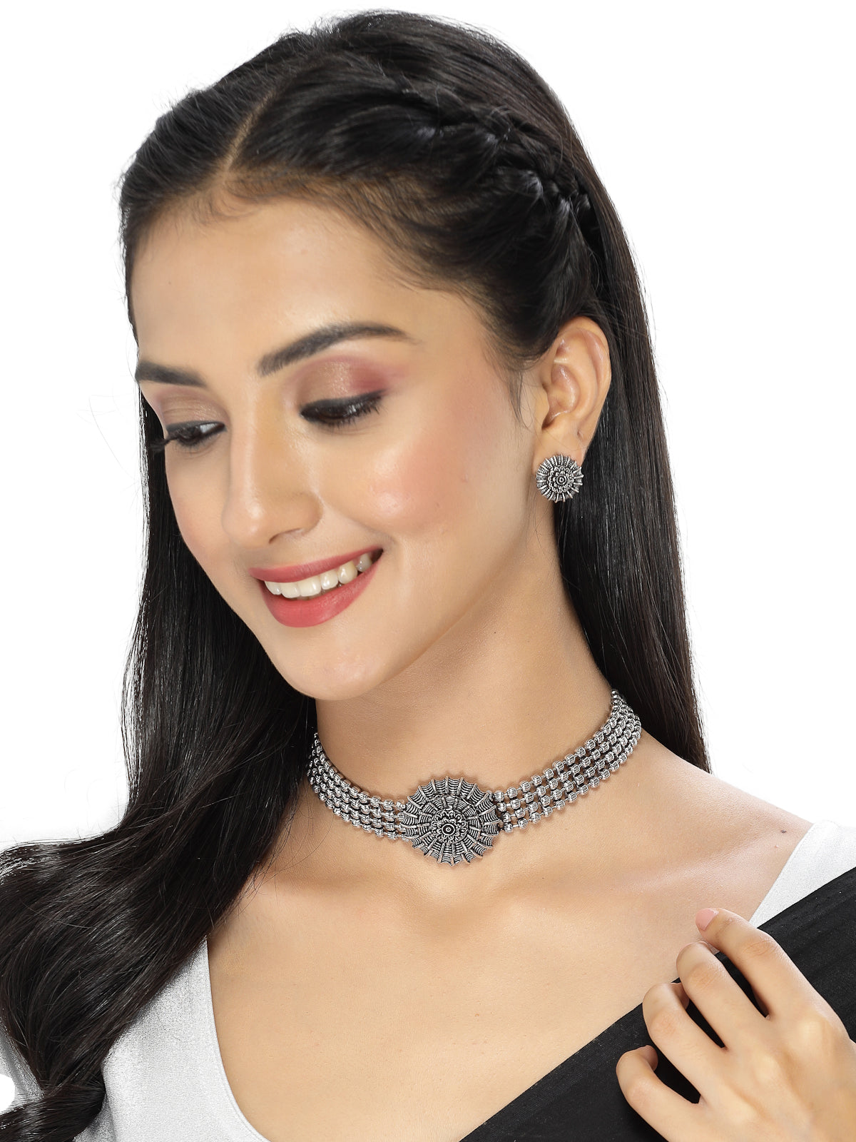 Sukkhi Stylish Oxidised Silver Choker Necklace Set With Studs Earring | Jewellery Set For Women (NS105511)