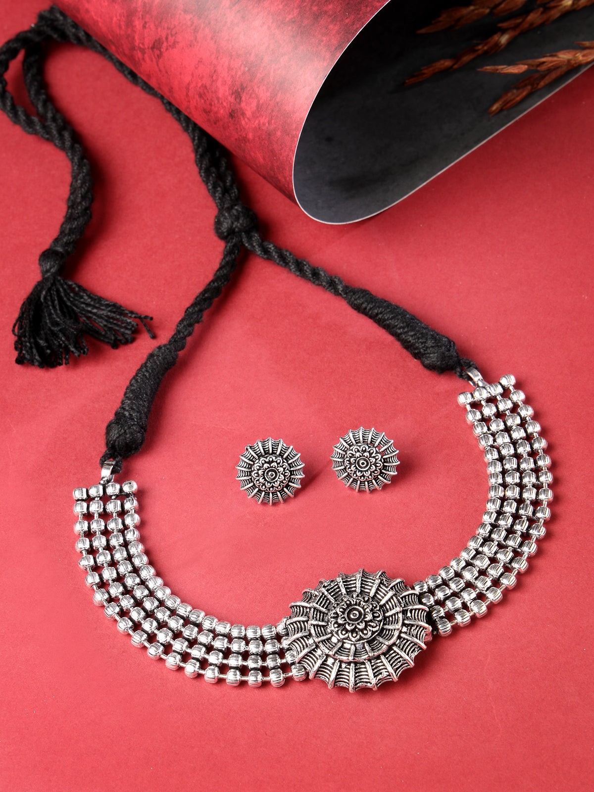 Sukkhi Stylish Oxidised Silver Choker Necklace Set With Studs Earring | Jewellery Set For Women (NS105511)