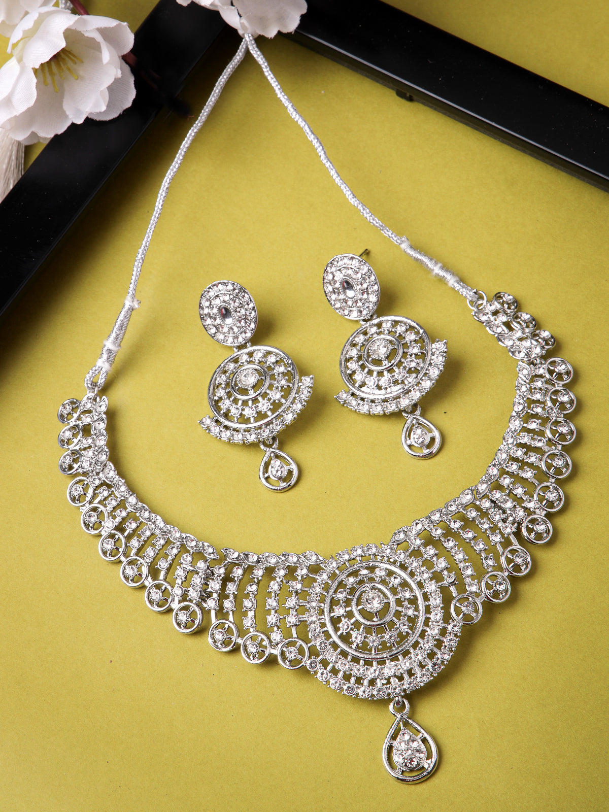 Sukkhi Most Beautiful Rhodium Plated Silver AD White Stone Collar Bone Necklace Set And Earring | Jewellery Set For Women (NS105513)