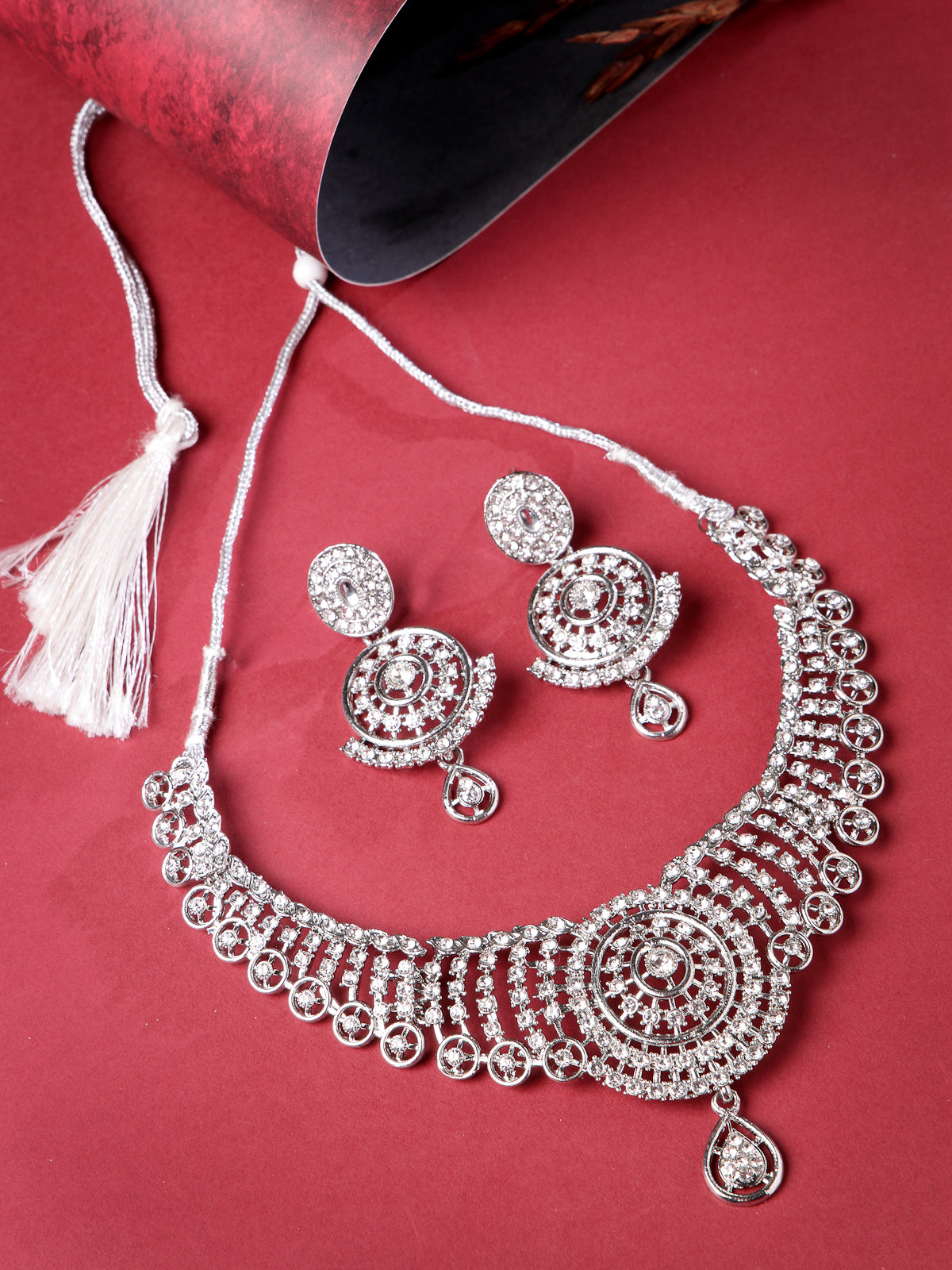 Sukkhi Most Beautiful Rhodium Plated Silver AD White Stone Collar Bone Necklace Set And Earring | Jewellery Set For Women (NS105513)