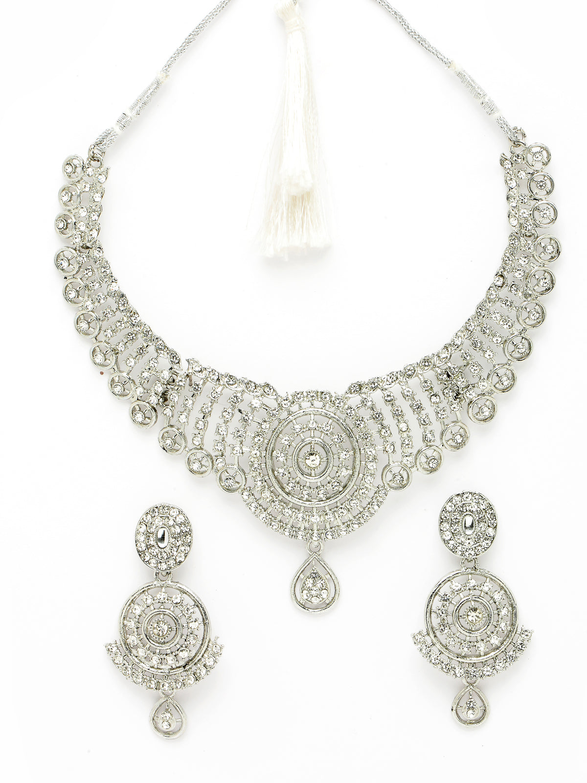 Sukkhi Most Beautiful Rhodium Plated Silver AD White Stone Collar Bone Necklace Set And Earring | Jewellery Set For Women (NS105513)