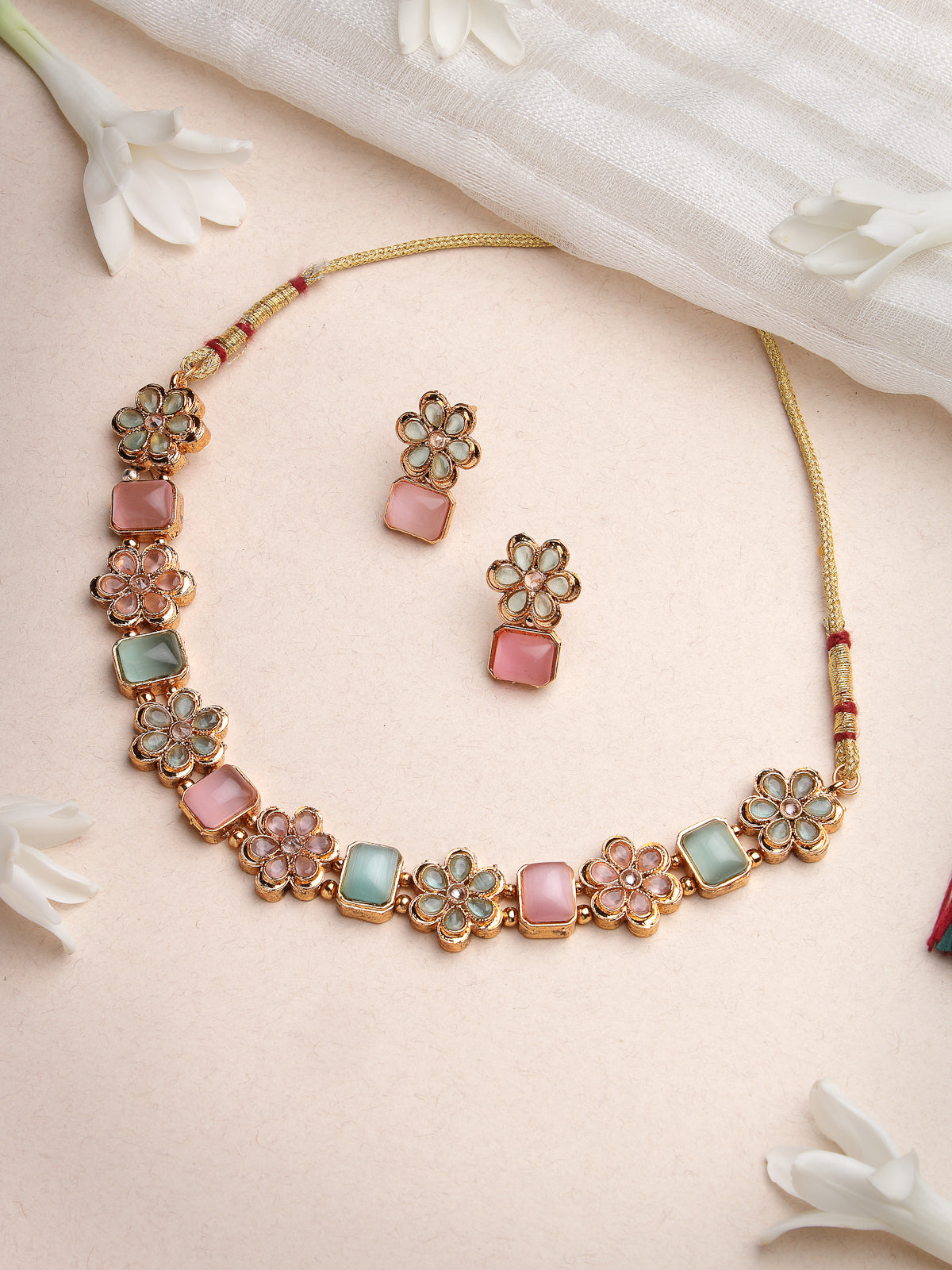 Sukkhi Youthful Floral Gold Plated Multicolor AD Stone Collar Bone Necklace Set And Earring | Jewellery Set For Women (NS105514)