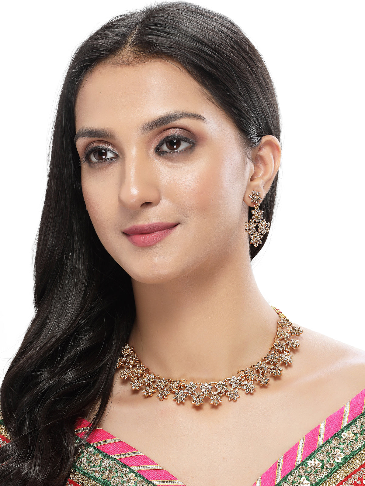 Sukkhi Admirable Gold Plated Gold AD Stone Floral Collar Bone Necklace Set And Earring | Jewellery Set For Women (NS105516)