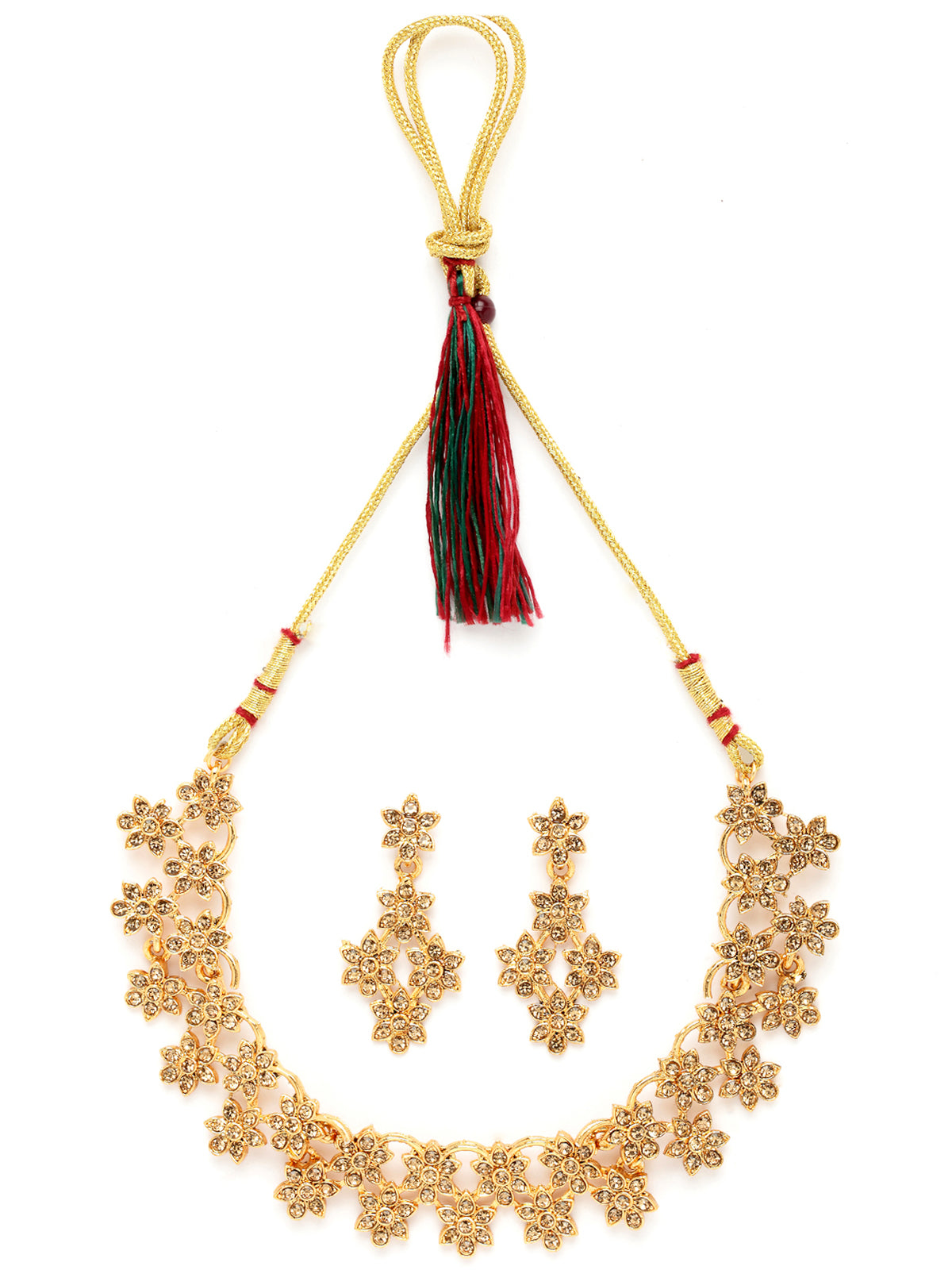 Sukkhi Admirable Gold Plated Gold AD Stone Floral Collar Bone Necklace Set And Earring | Jewellery Set For Women (NS105516)