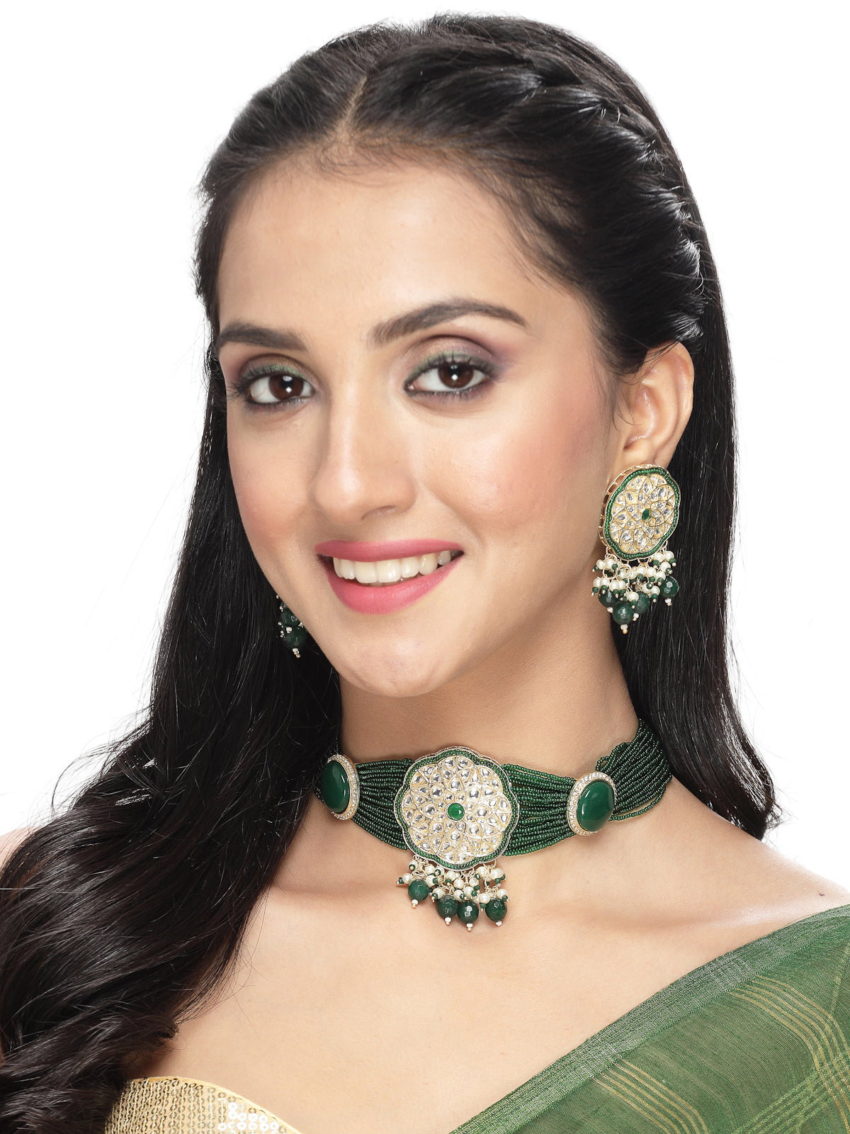 Sukkhi Wondrous Gold Plated Green Kundan & Beads Choker Necklace Set With Earring | Jewellery Set For Women (NS105517)