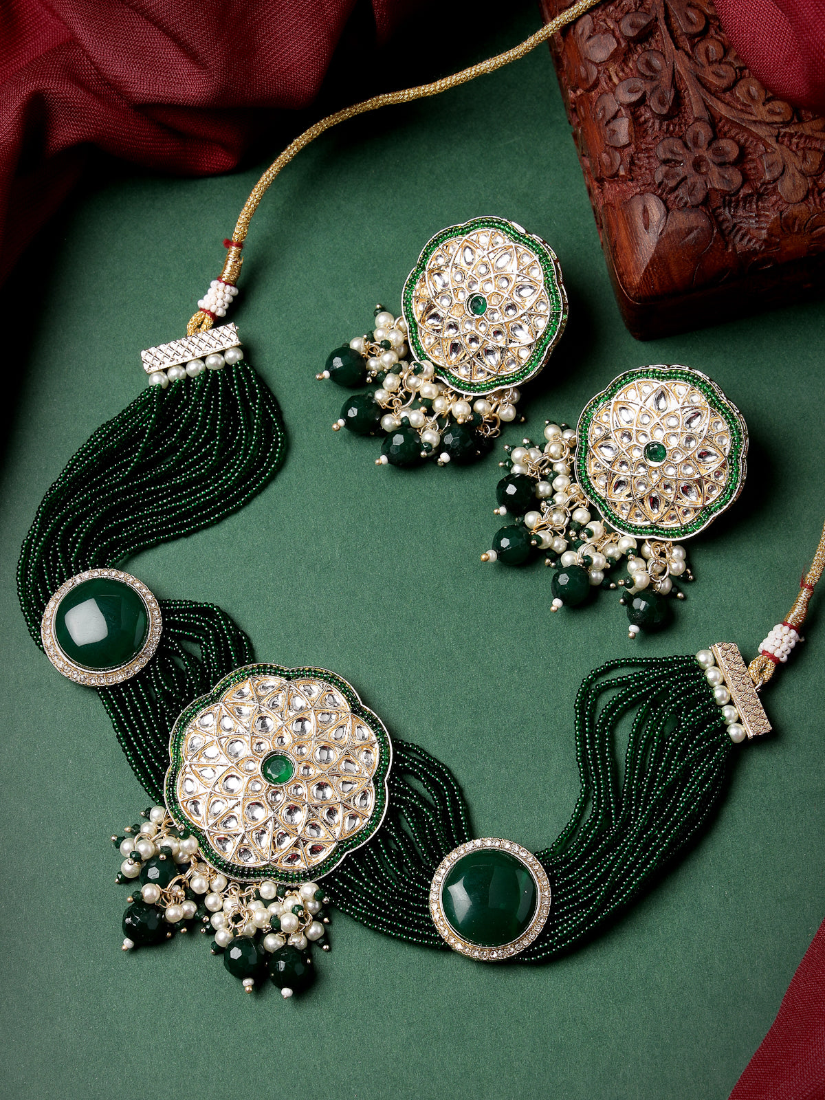 Sukkhi Wondrous Gold Plated Green Kundan & Beads Choker Necklace Set With Earring | Jewellery Set For Women (NS105517)
