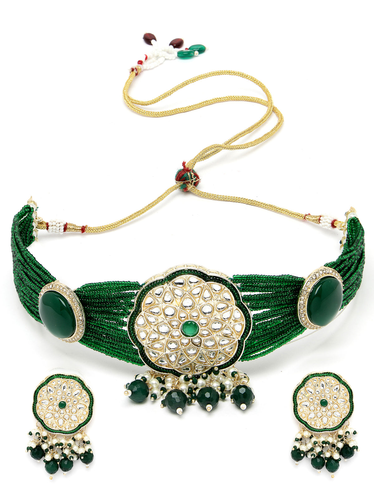 Sukkhi Wondrous Gold Plated Green Kundan & Beads Choker Necklace Set With Earring | Jewellery Set For Women (NS105517)