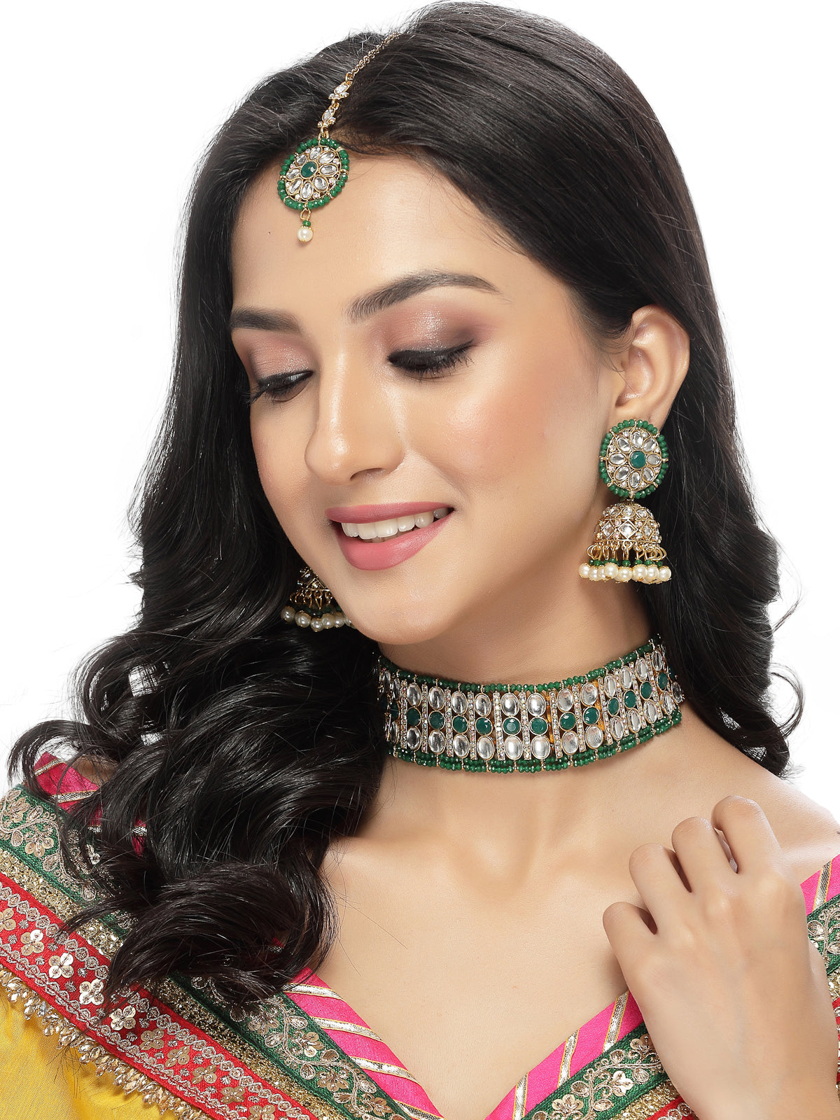 Sukkhi Sporty Gold Plated Green Kundan & Beads Choker Necklace Set With Jhumki Earring And Maangtika | Jewellery Set For Women (NS105518)