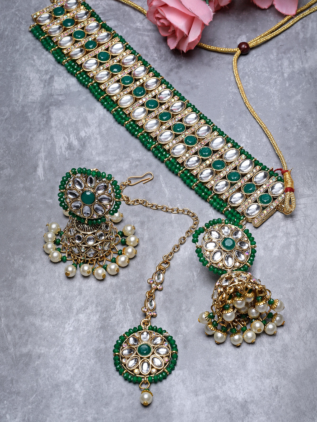 Sukkhi Sporty Gold Plated Green Kundan & Beads Choker Necklace Set With Jhumki Earring And Maangtika | Jewellery Set For Women (NS105518)