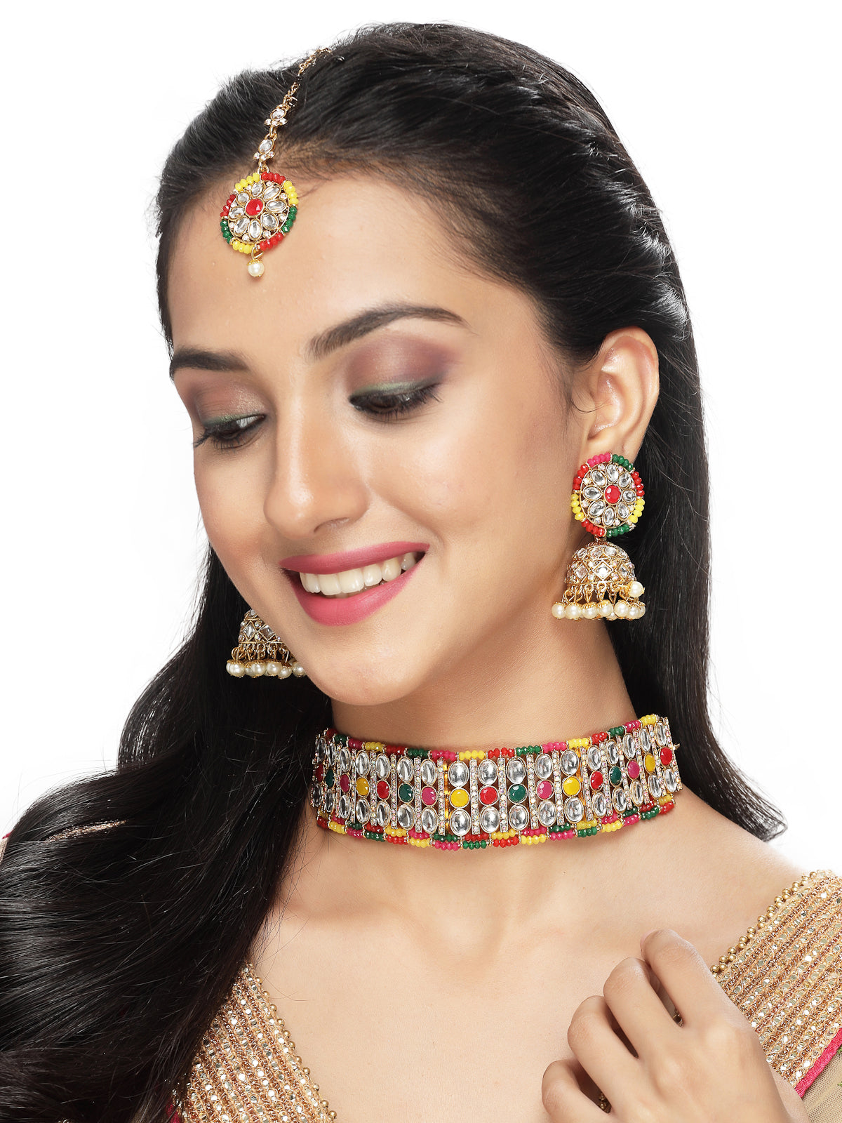 Sukkhi Sporty Gold Plated Multi Kundan & Beads Choker Necklace Set With Jhumki Earring And Maangtika | Jewellery Set For Women (NS105519)