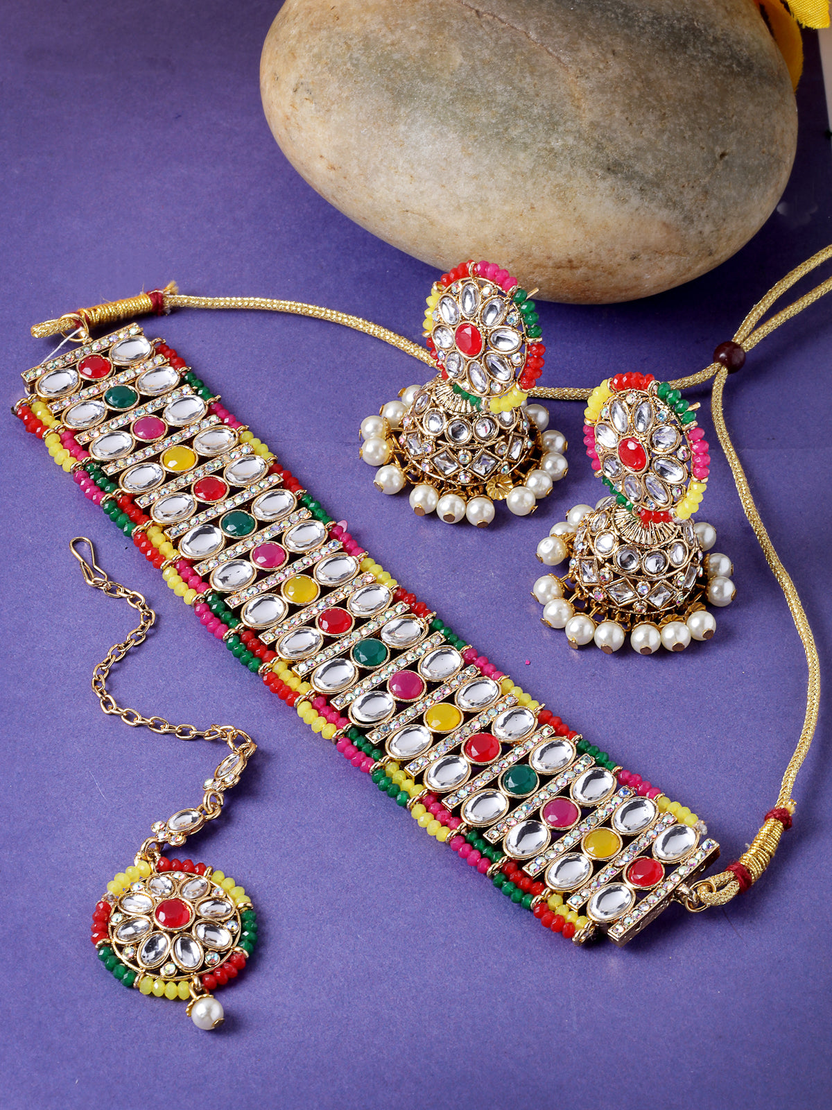 Sukkhi Sporty Gold Plated Multi Kundan & Beads Choker Necklace Set With Jhumki Earring And Maangtika | Jewellery Set For Women (NS105519)