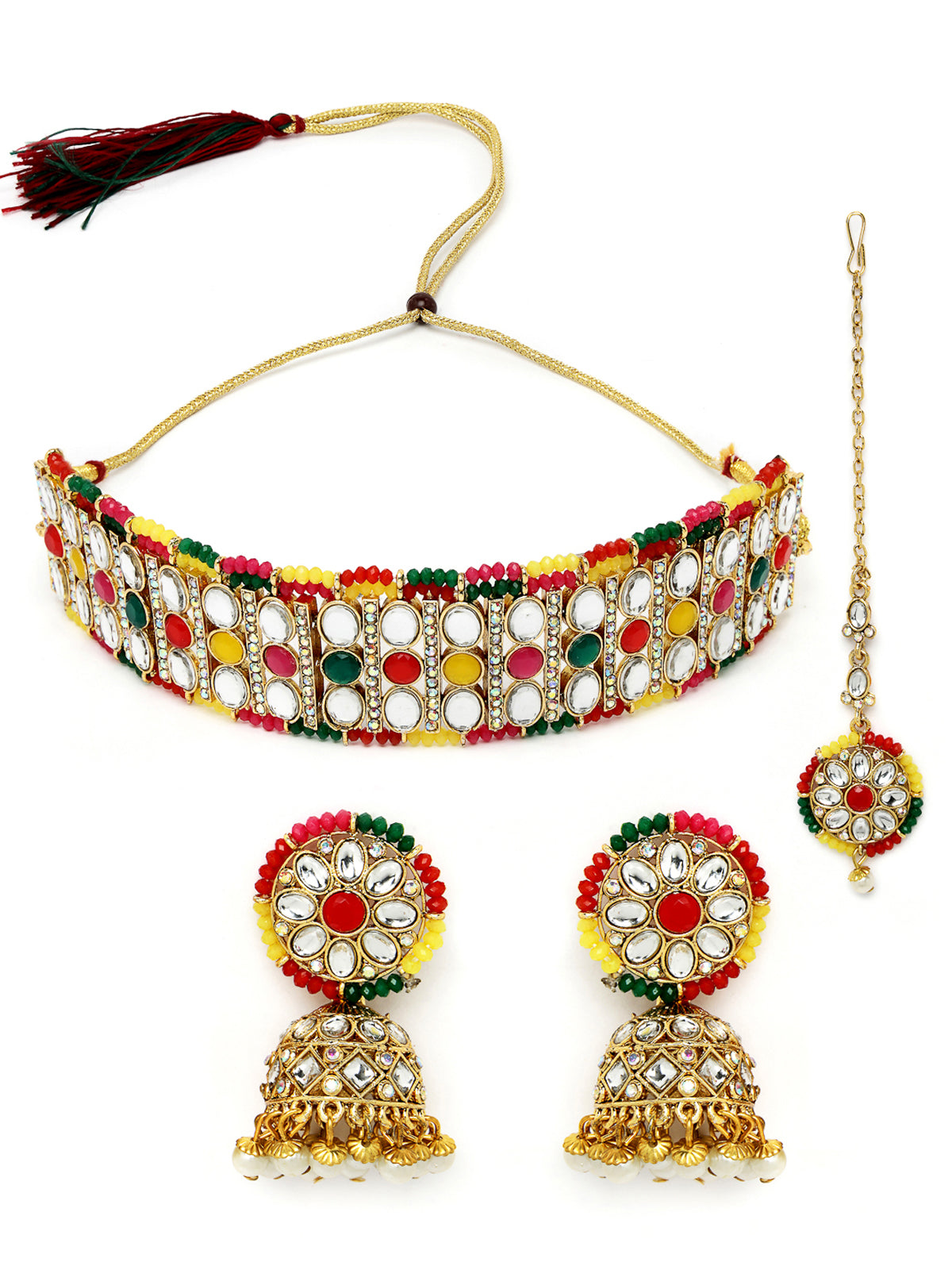 Sukkhi Sporty Gold Plated Multi Kundan & Beads Choker Necklace Set With Jhumki Earring And Maangtika | Jewellery Set For Women (NS105519)