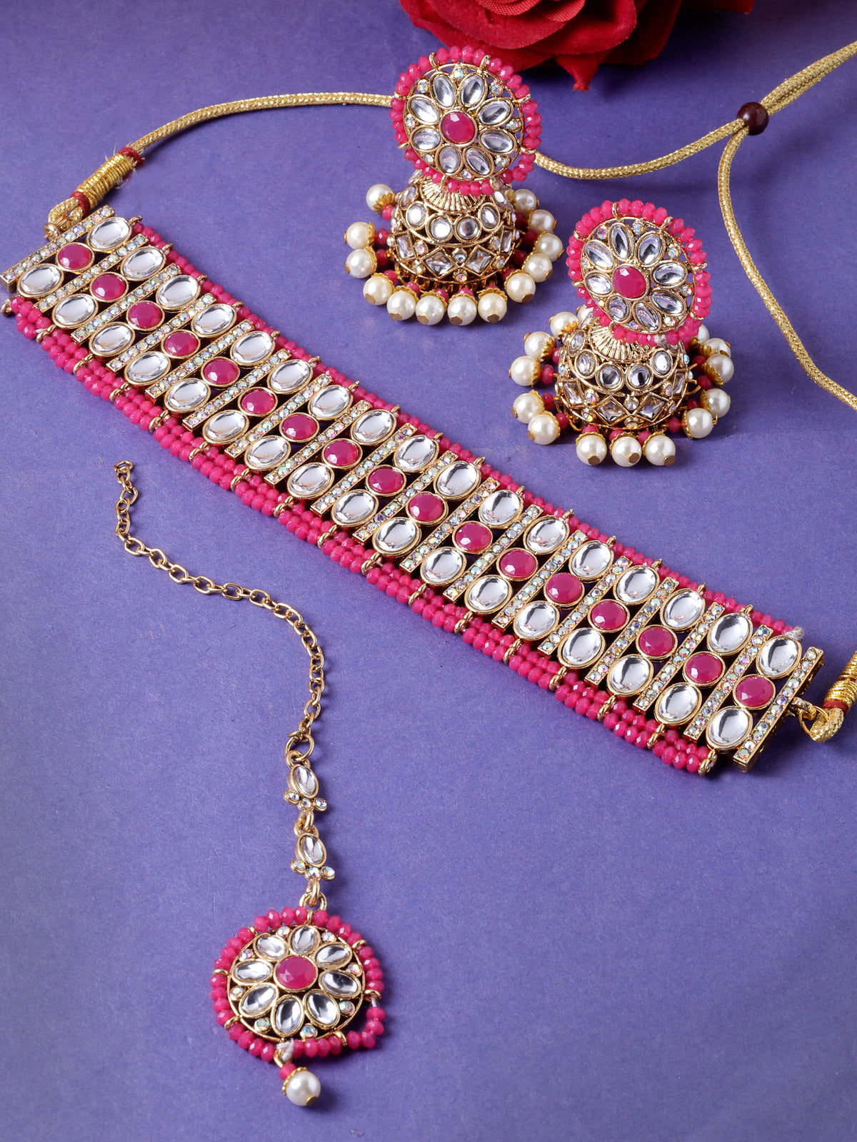 Sukkhi Sporty Gold Plated Rani Pink Kundan & Beads Choker Necklace Set With Jhumki Earring And Maangtika | Jewellery Set For Women (NS105520)
