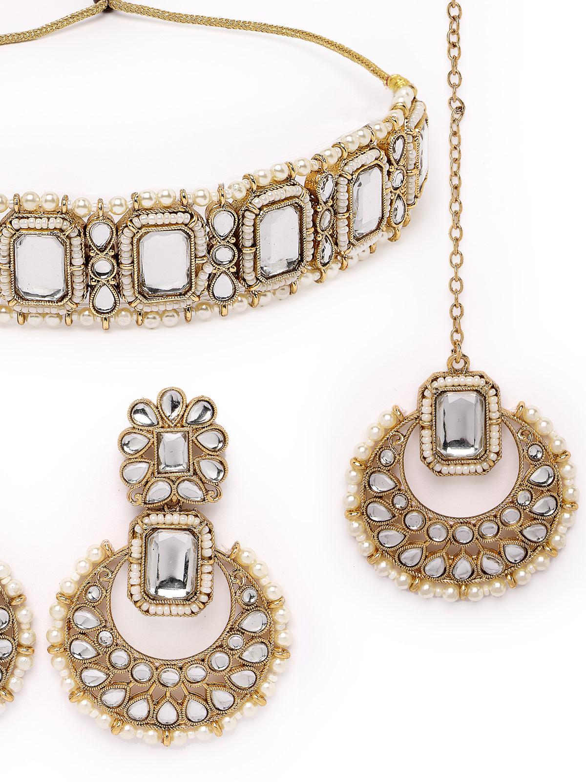 Sukkhi Affordable Squared Style White Kundan & Beads Choker Necklace Set With Earring And Maangtika | Jewellery Set For Women (NS105522)