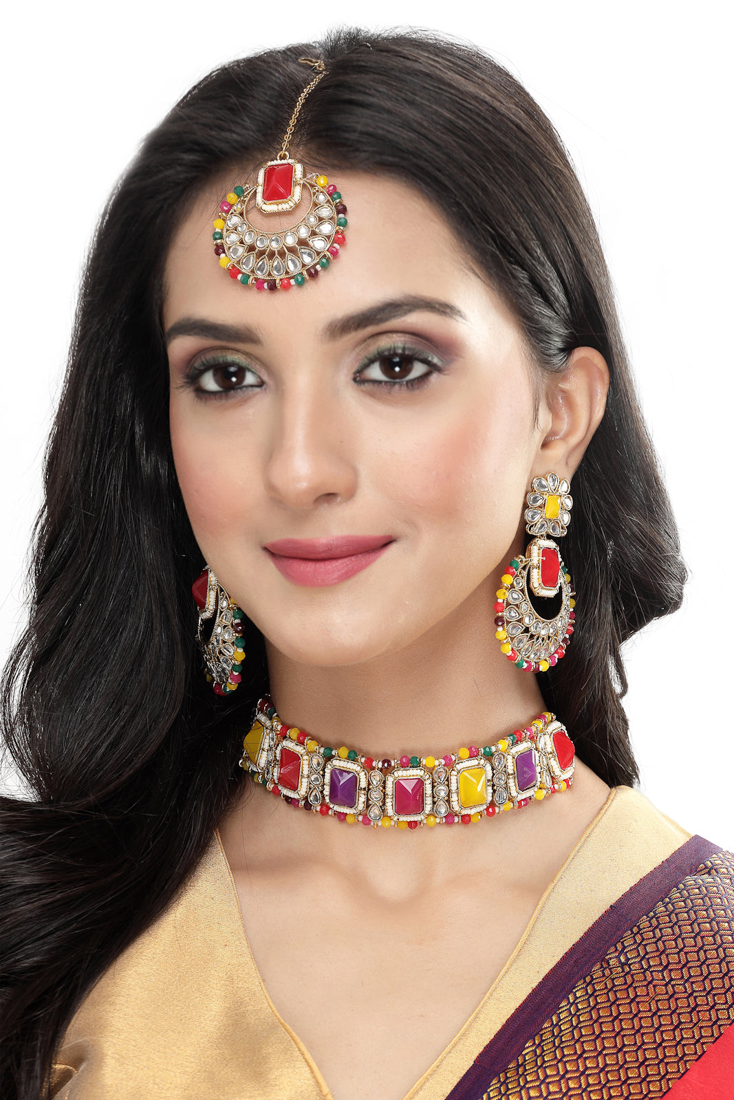 Sukkhi Affordable Squared Style Multi Kundan & Beads Choker Necklace Set With Earring And Maangtika | Jewellery Set For Women (NS105523)