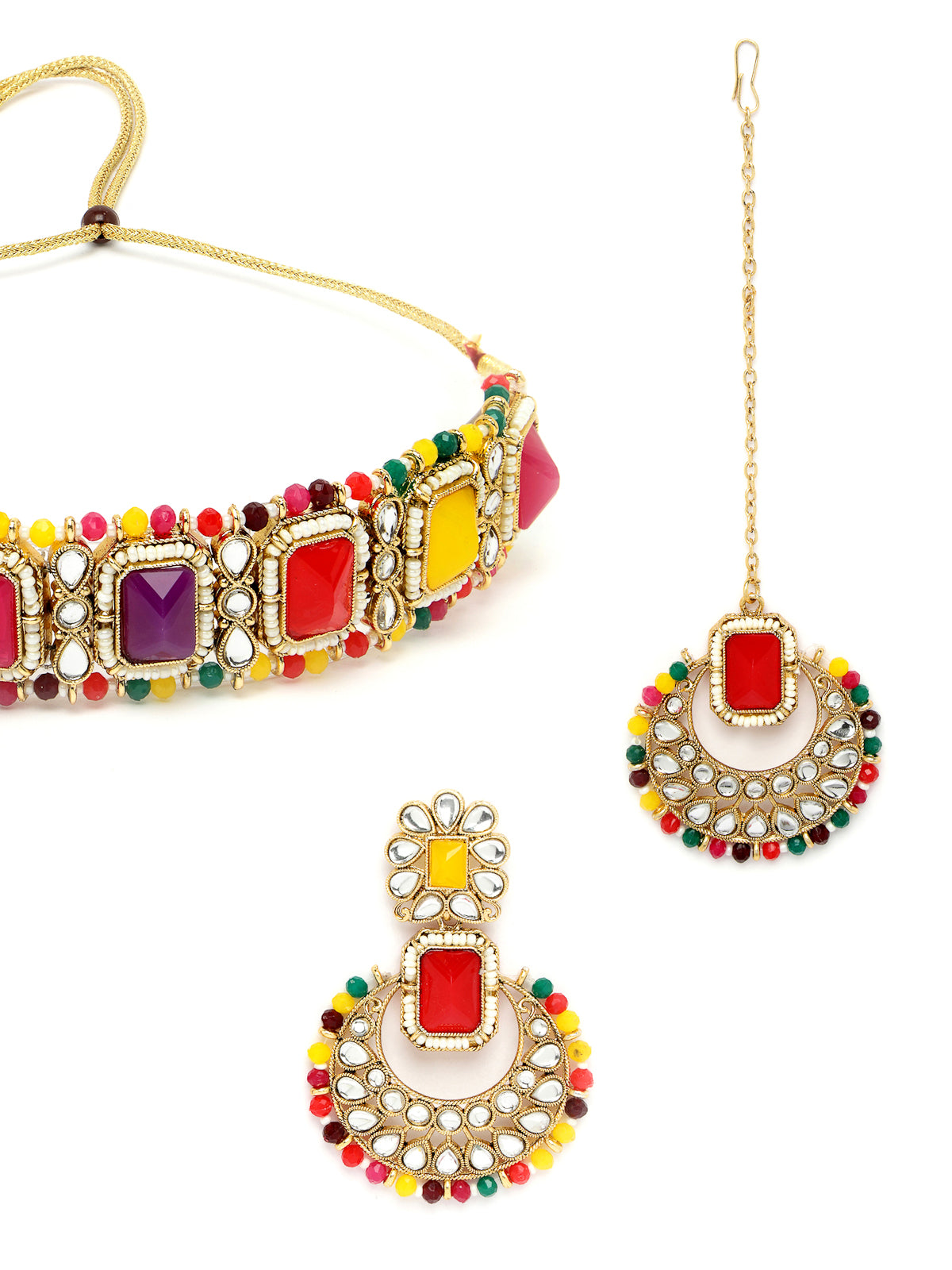 Sukkhi Affordable Squared Style Multi Kundan & Beads Choker Necklace Set With Earring And Maangtika | Jewellery Set For Women (NS105523)