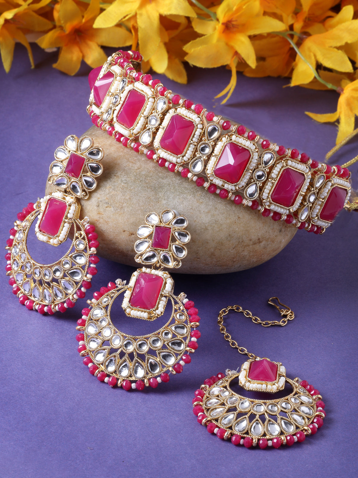 Sukkhi Affordable Squared Style Rani Pink Kundan & Beads Choker Necklace Set With Earring And Maangtika | Jewellery Set For Women (NS105525)