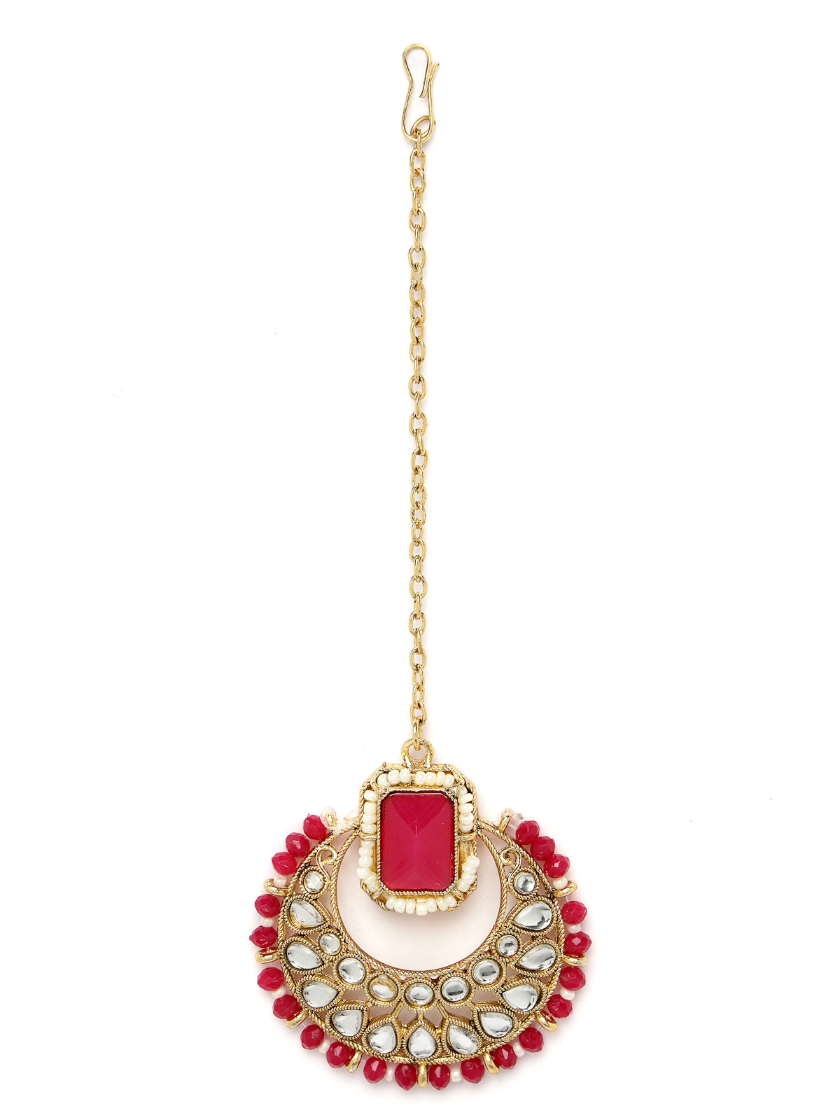 Sukkhi Affordable Squared Style Rani Pink Kundan & Beads Choker Necklace Set With Earring And Maangtika | Jewellery Set For Women (NS105525)