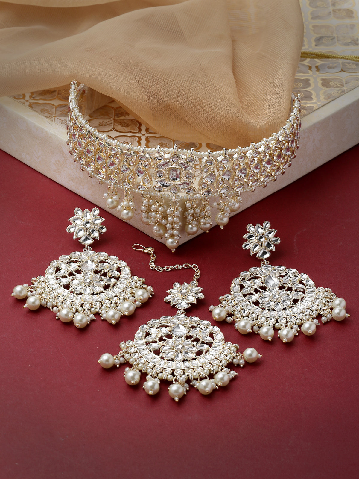 Sukkhi Treasured Gold Plated White Kundan & Beads Choker Necklace Set With Earring And Maangtika | Jewellery Set For Women (NS105526)
