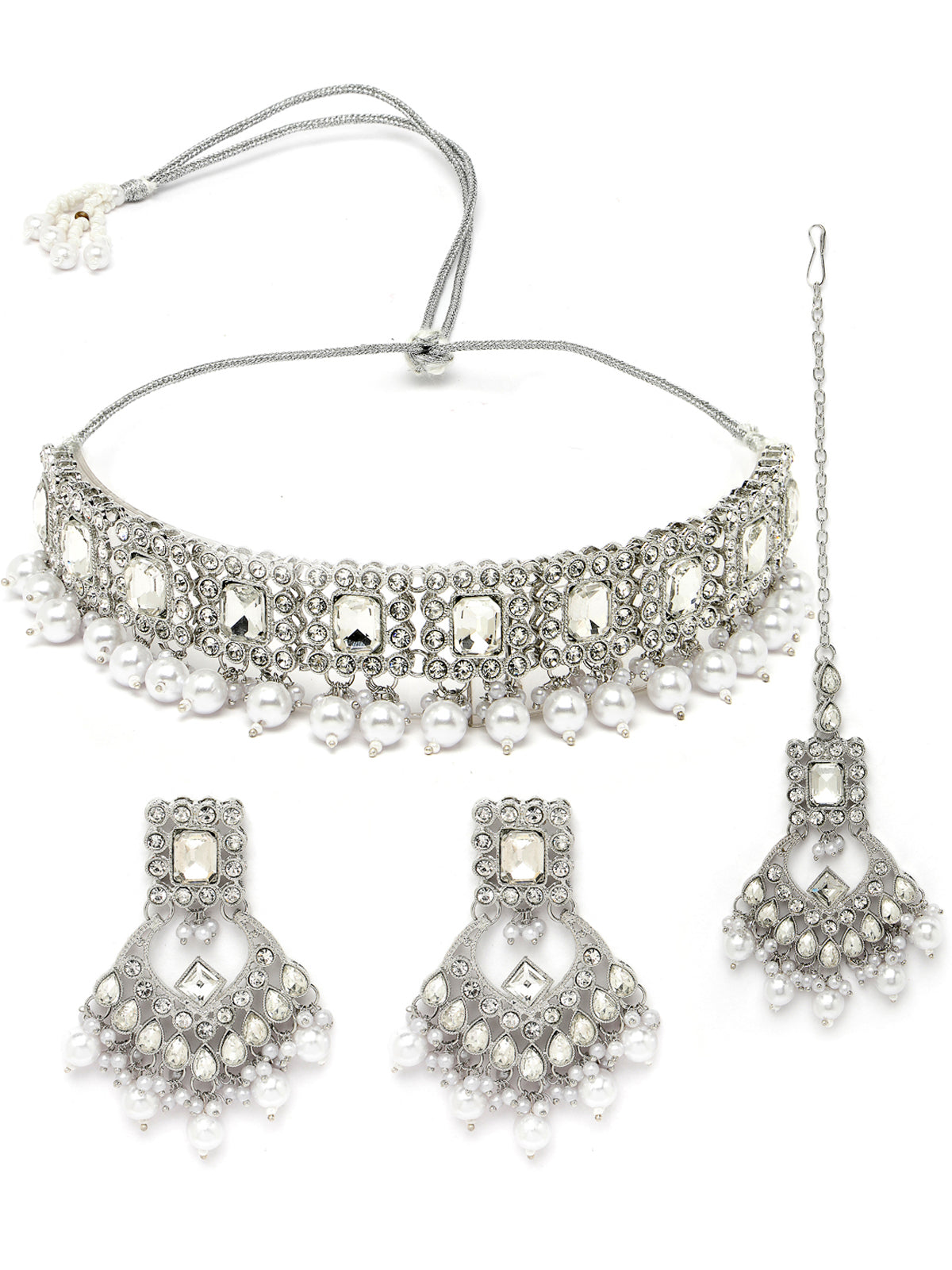 Sukkhi Exhilarating Rhodium Plated Silver Kundan & Beads Choker Necklace Set With Earring And Maangtika | Jewellery Set For Women (NS105527)