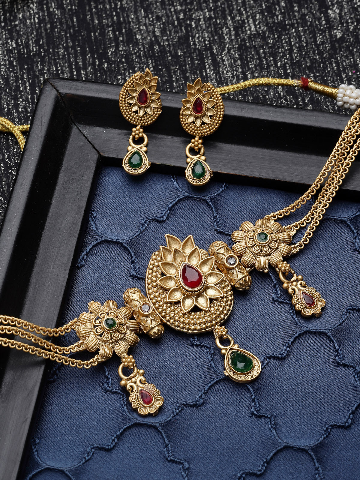 Sukkhi Adoring Multistrand Gold Plated Floral Copper Choker Necklace Set With Studs Earring | Jewellery Set For Women (NS105534)