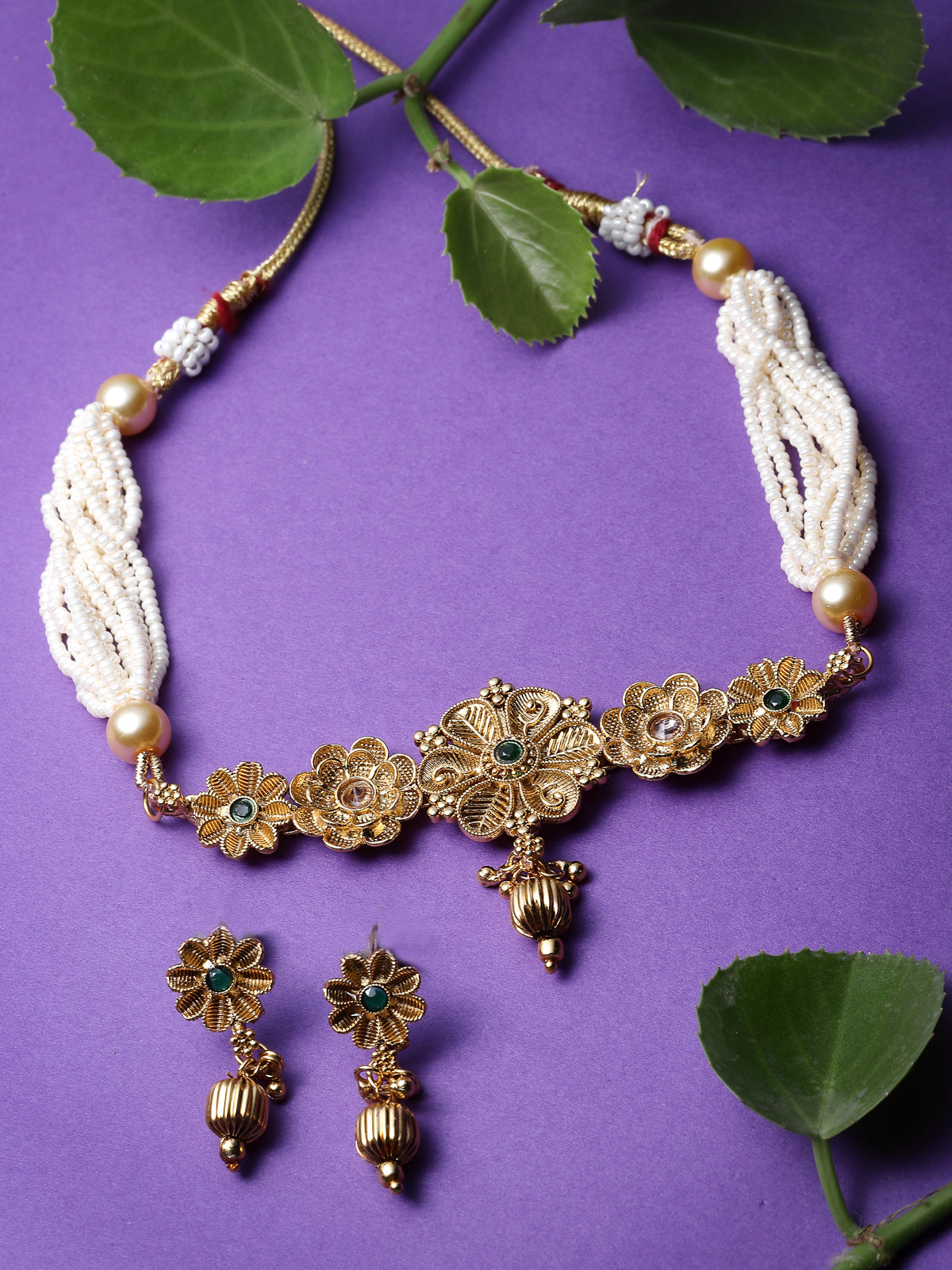 Sukkhi Astonish Gold Plated Floral Copper Choker Necklace Set With Studs Earring | Jewellery Set For Women (NS105535)