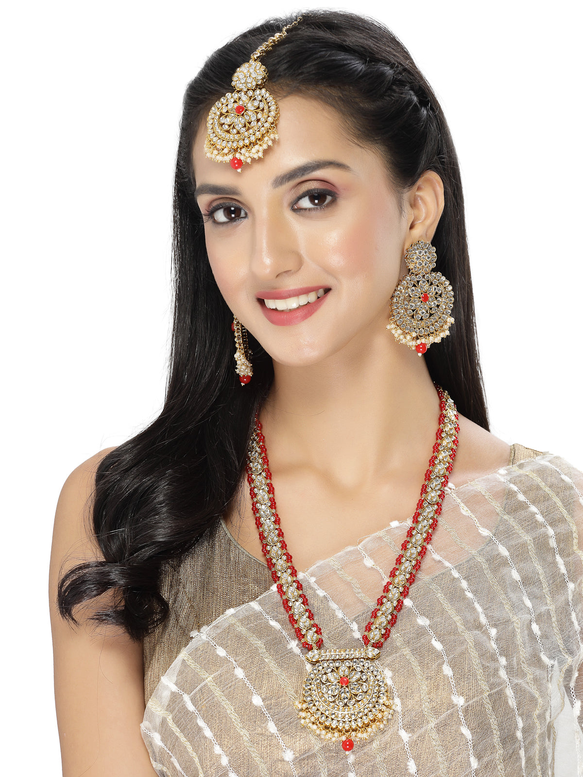 Sukkhi Alluring Traditional Gold Plated Red Kundan & Beaded Floral Long Necklace Set With Earring And Maangtika | Jewellery Set For Women (NS105538)