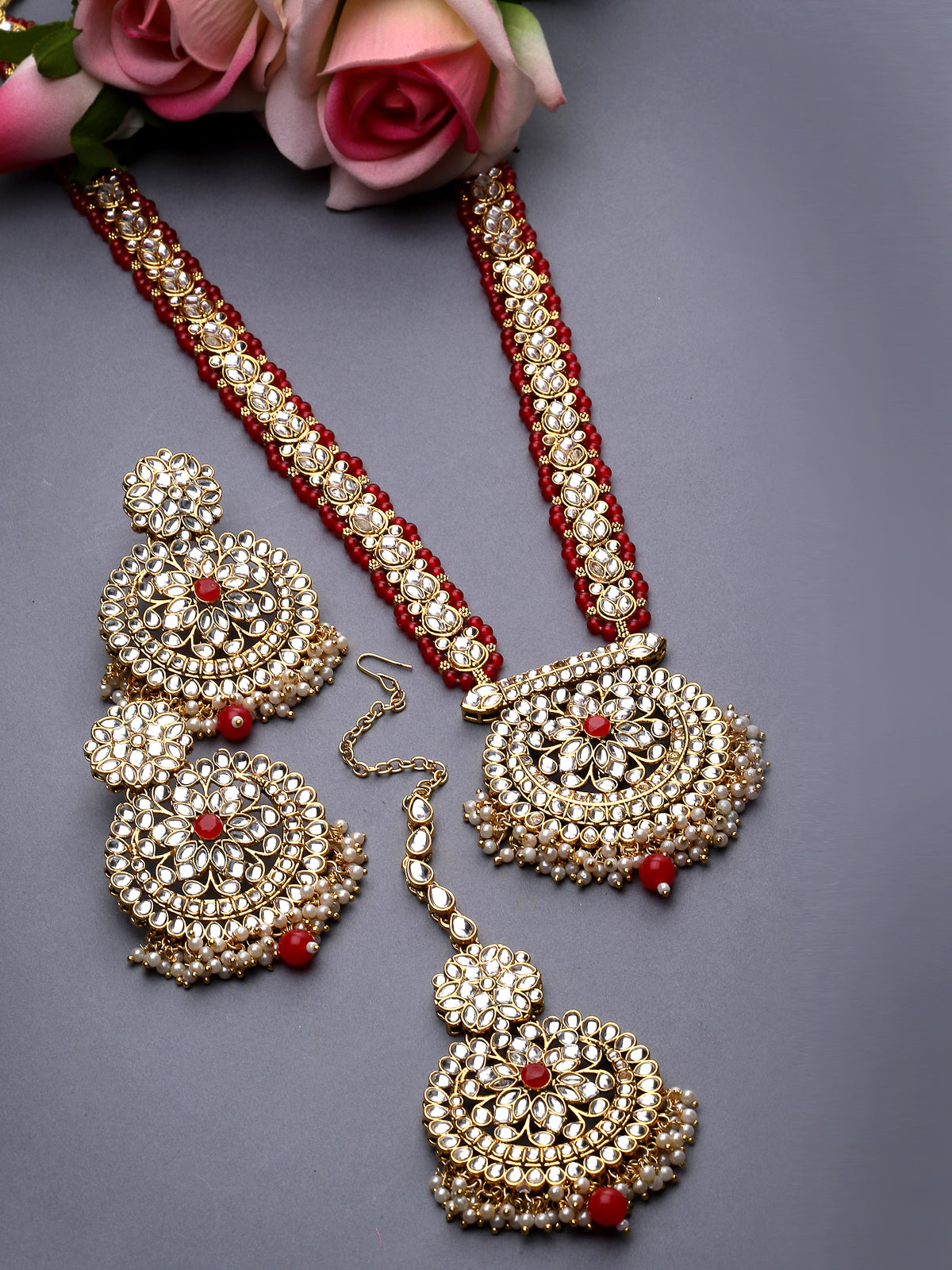 Sukkhi Alluring Traditional Gold Plated Red Kundan & Beaded Floral Long Necklace Set With Earring And Maangtika | Jewellery Set For Women (NS105538)