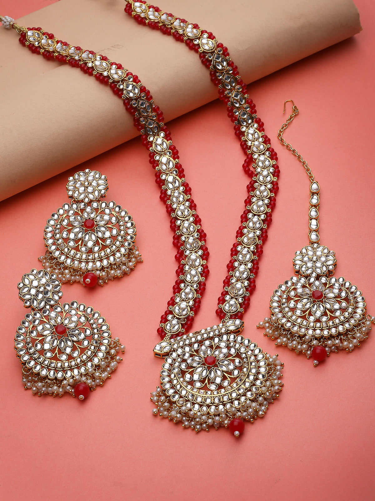 Sukkhi Alluring Traditional Gold Plated Red Kundan & Beaded Floral Long Necklace Set With Earring And Maangtika | Jewellery Set For Women (NS105538)