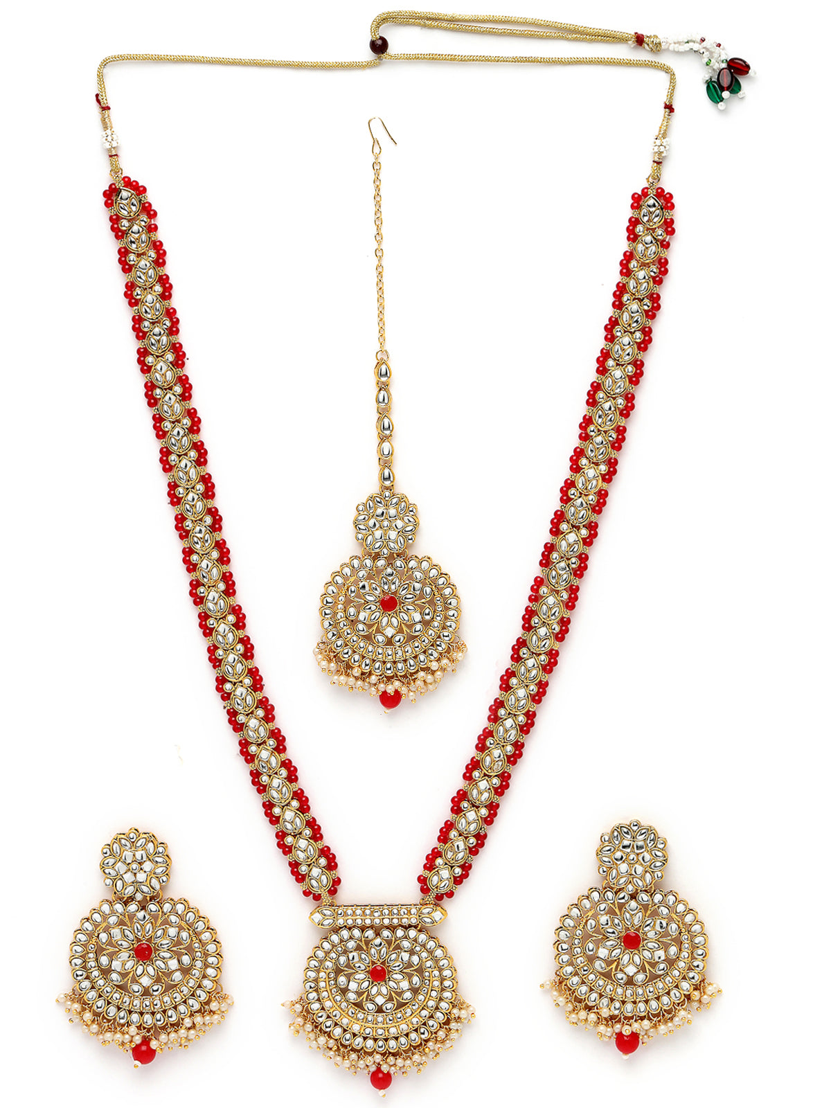 Sukkhi Alluring Traditional Gold Plated Red Kundan & Beaded Floral Long Necklace Set With Earring And Maangtika | Jewellery Set For Women (NS105538)
