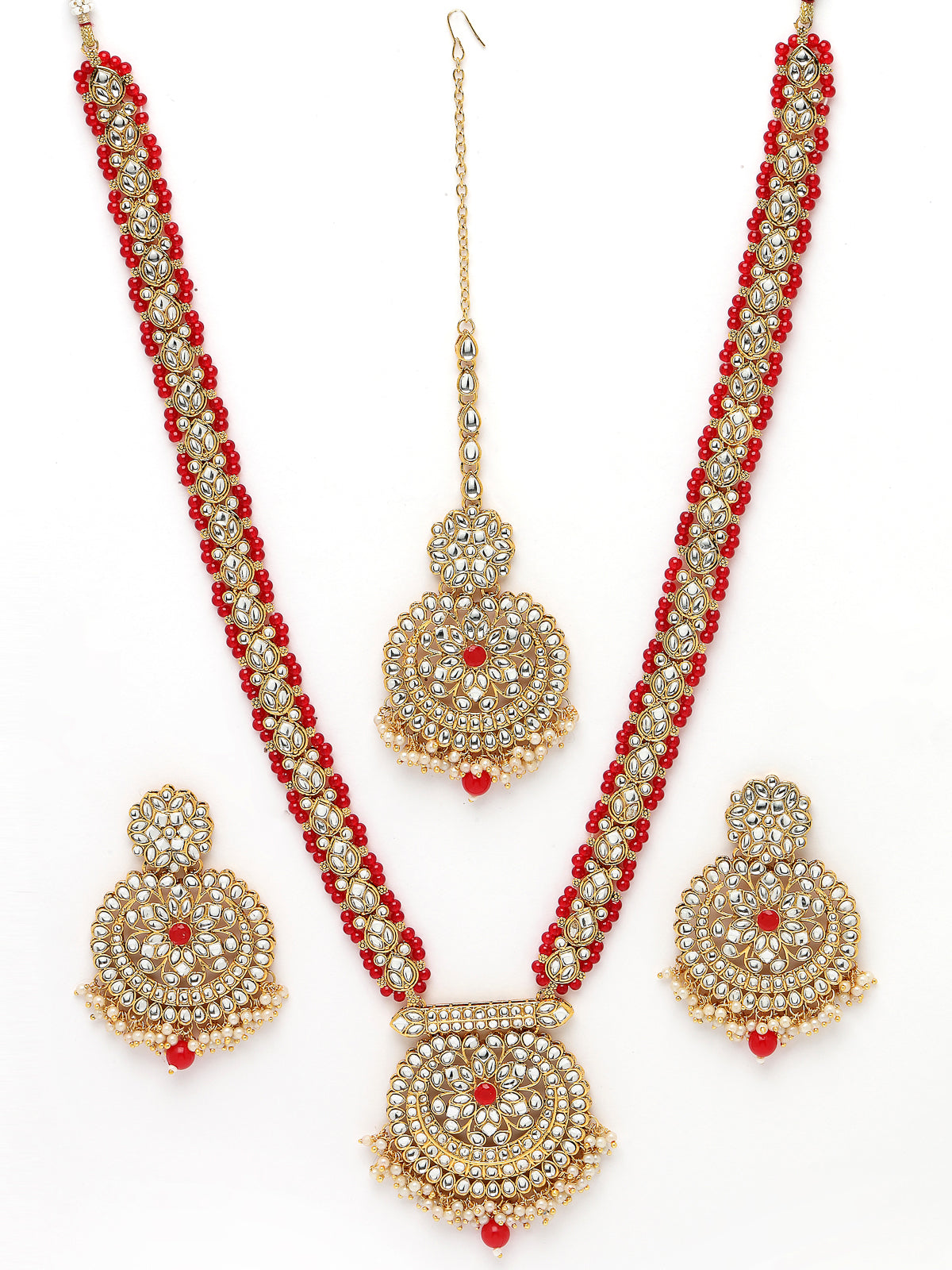 Sukkhi Alluring Traditional Gold Plated Red Kundan & Beaded Floral Long Necklace Set With Earring And Maangtika | Jewellery Set For Women (NS105538)