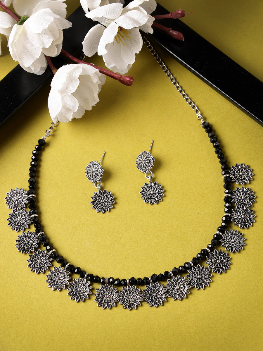 Sukkhi Trendy Oxidised Silver Plated Floral Shaped Collar Bone Necklace Set And Earring | Jewellery Set For Women (NS105541)