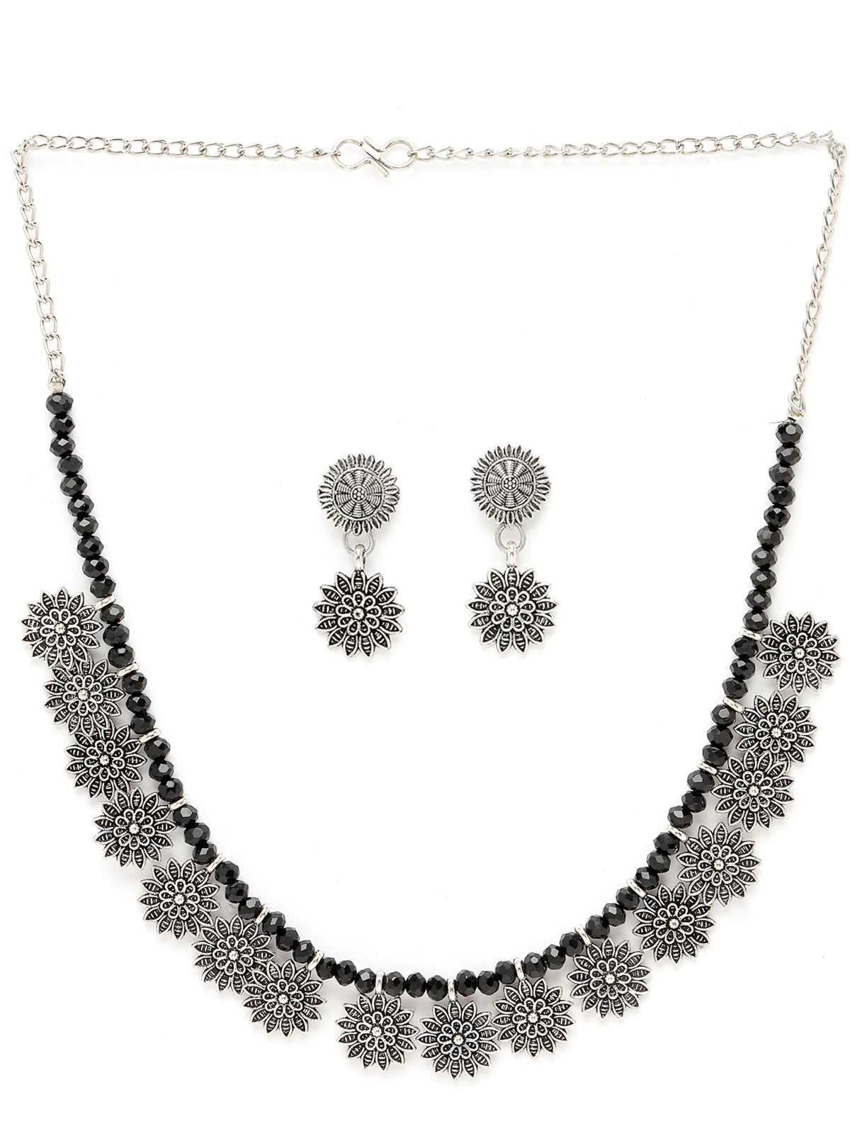 Sukkhi Trendy Oxidised Silver Plated Floral Shaped Collar Bone Necklace Set And Earring | Jewellery Set For Women (NS105541)